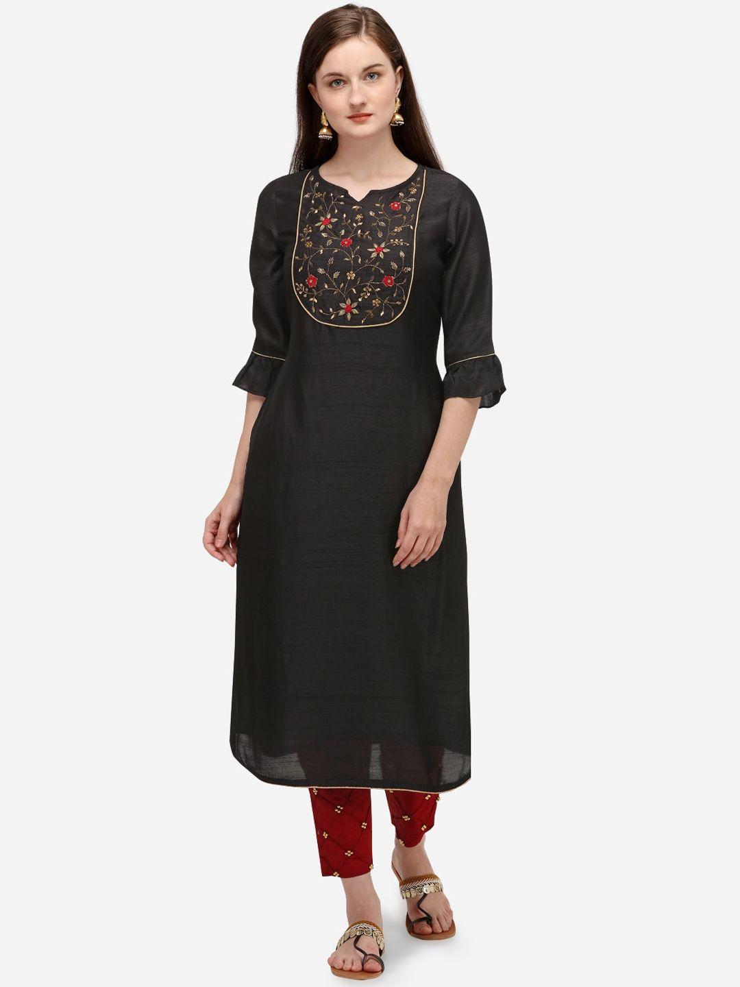 kalini floral yoke design bell sleeves thread work detail straight kurta with trousers