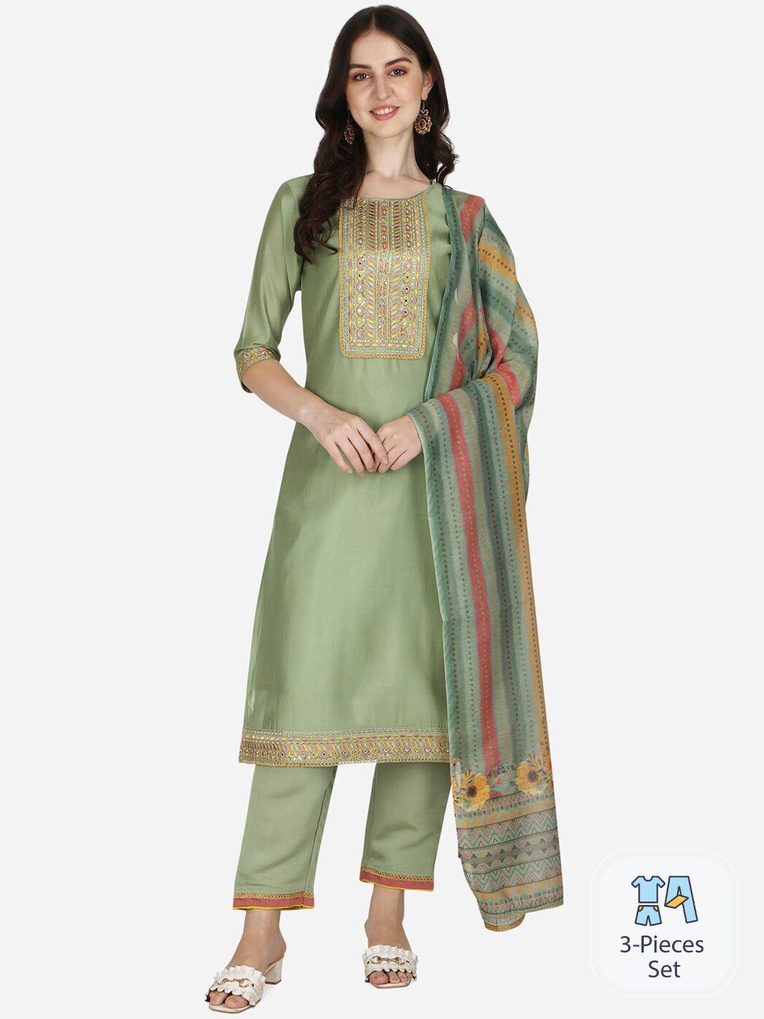 kalini floral yoke design chanderi cotton kurta with trousers & dupatta