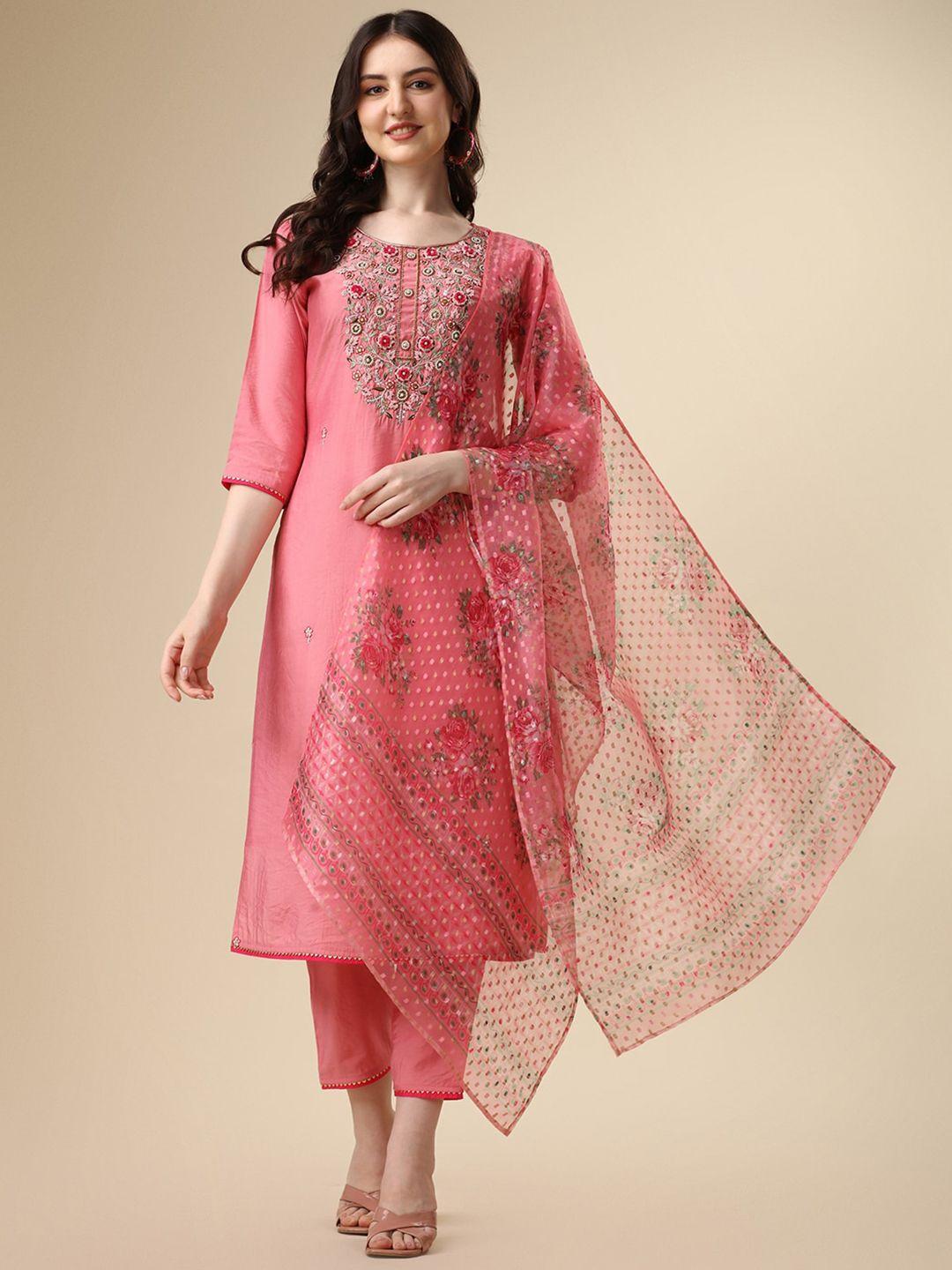 kalini floral yoke design chanderi cotton kurta with trousers & with dupatta