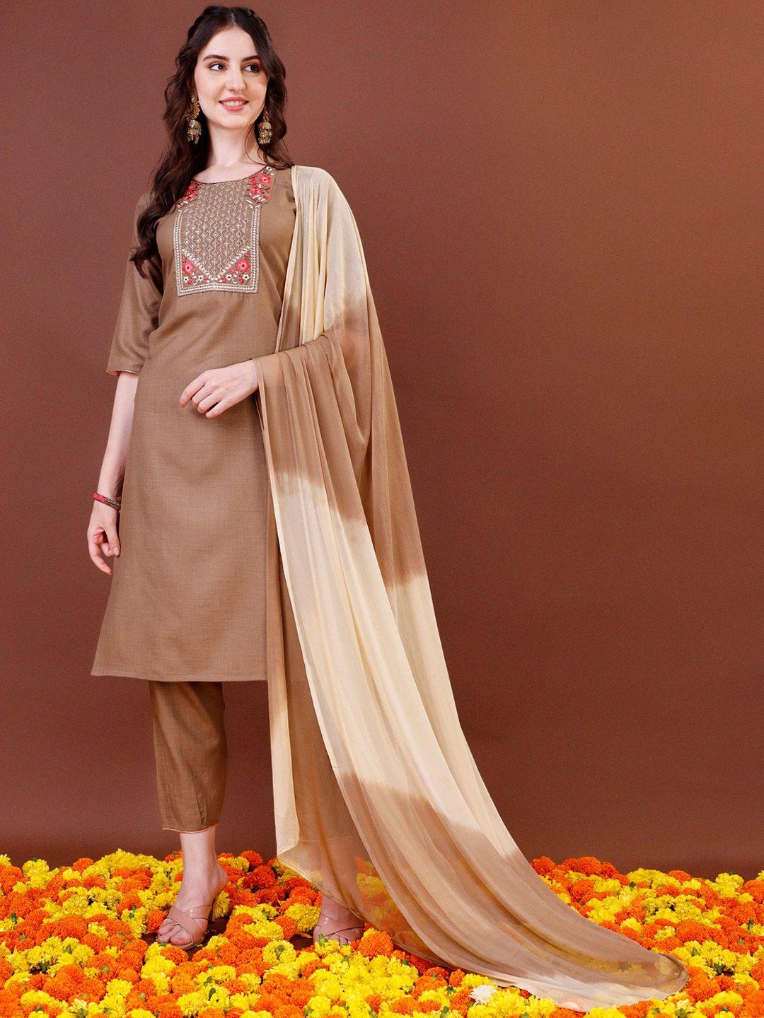 kalini floral yoke design embroidered straight kurta with trousers & dupatta