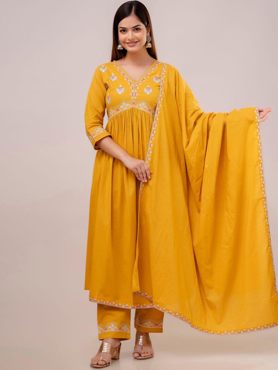 kalini floral yoke design empire pure cotton kurta with trousers & dupatta