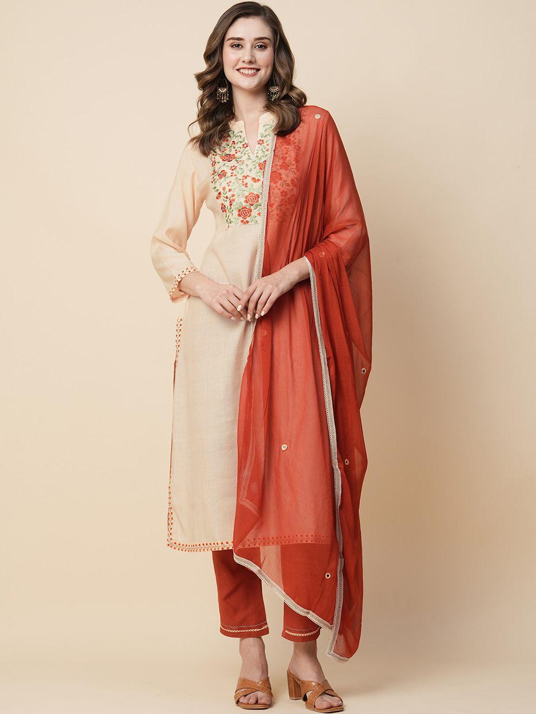 kalini floral yoke design mandarin collar pure cotton kurta with trousers & dupatta