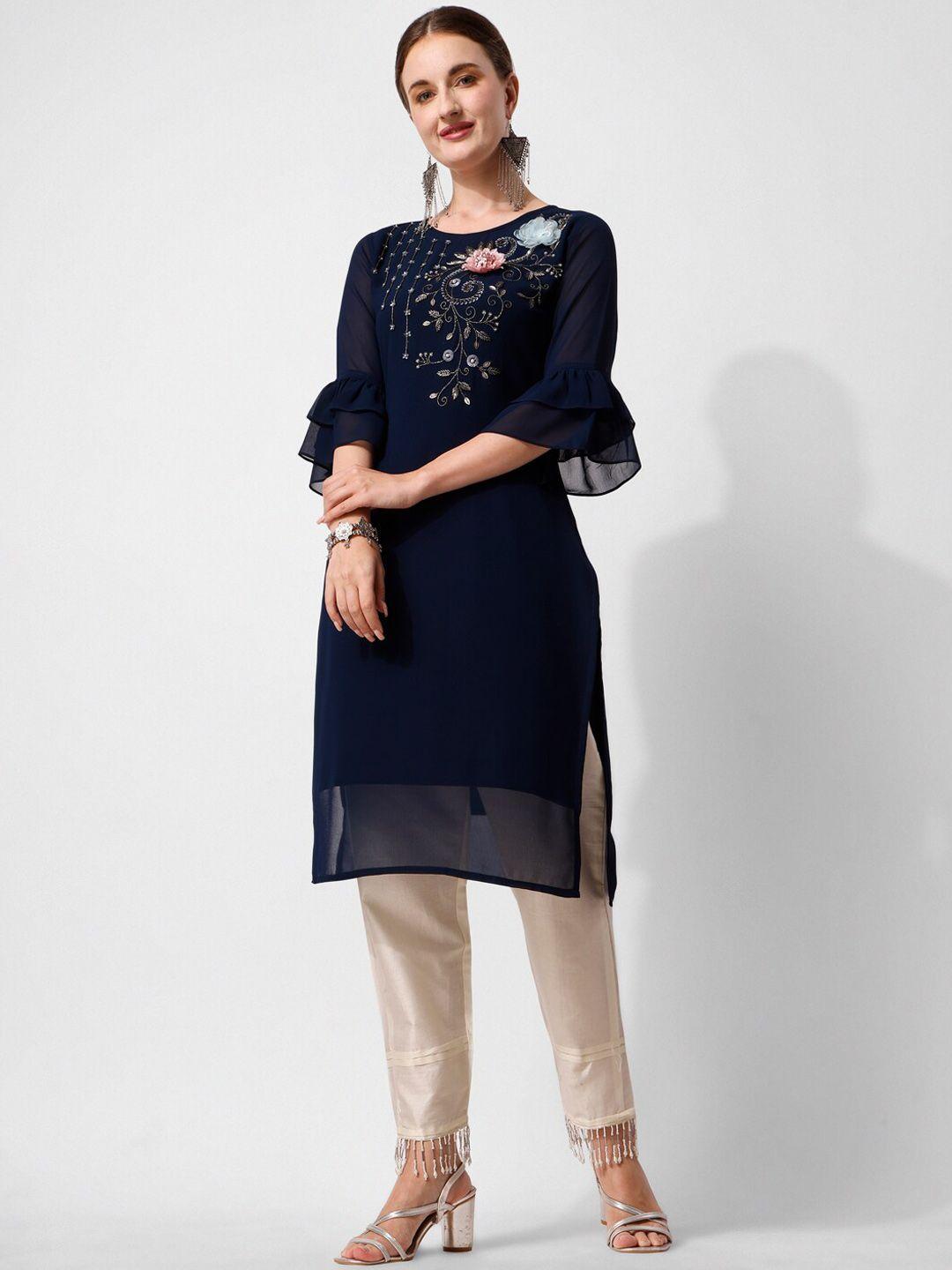 kalini floral yoke design regular beads and stones kurta with trousers