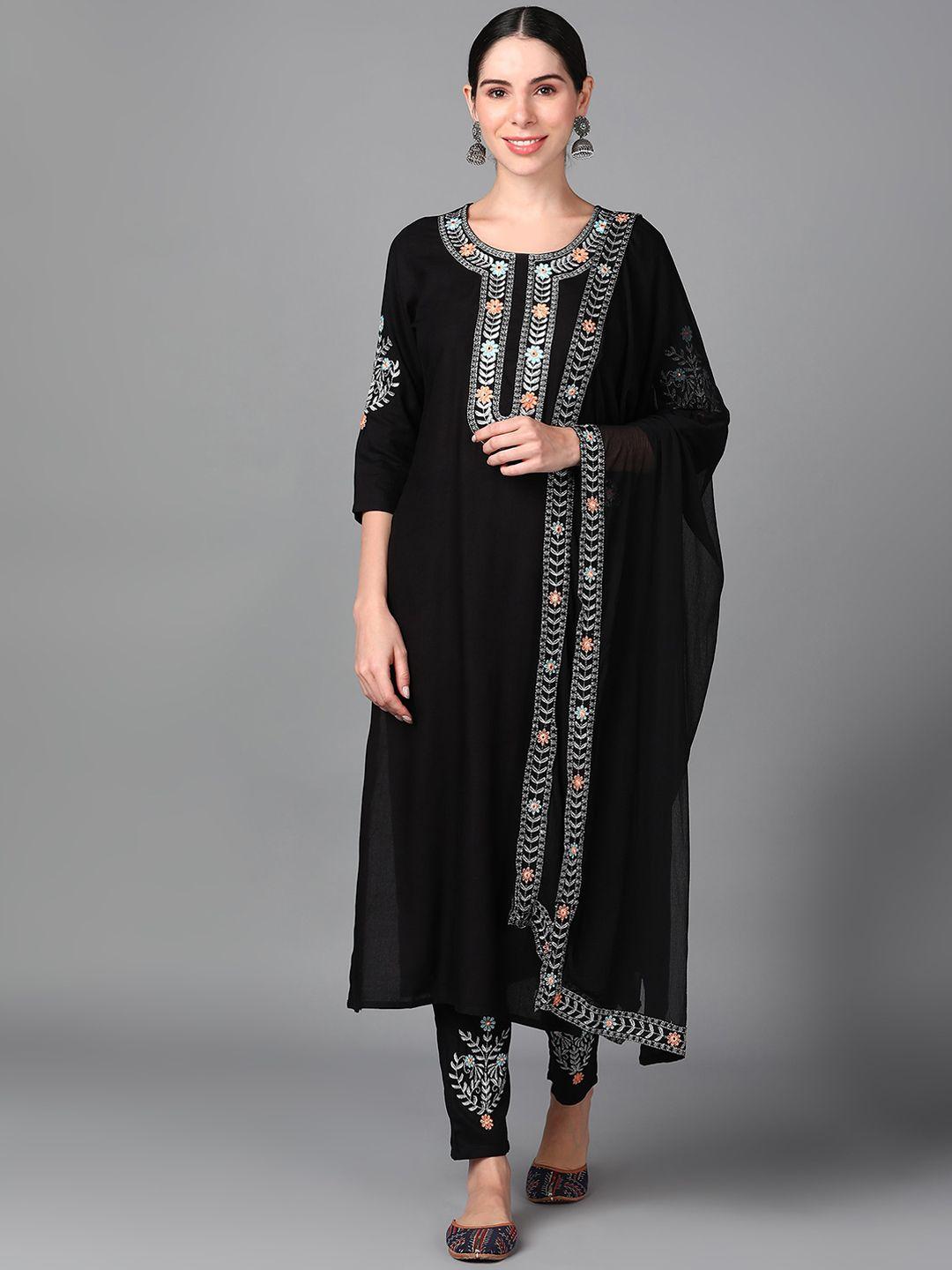 kalini floral yoke design regular thread work kurta with trousers &  dupatta