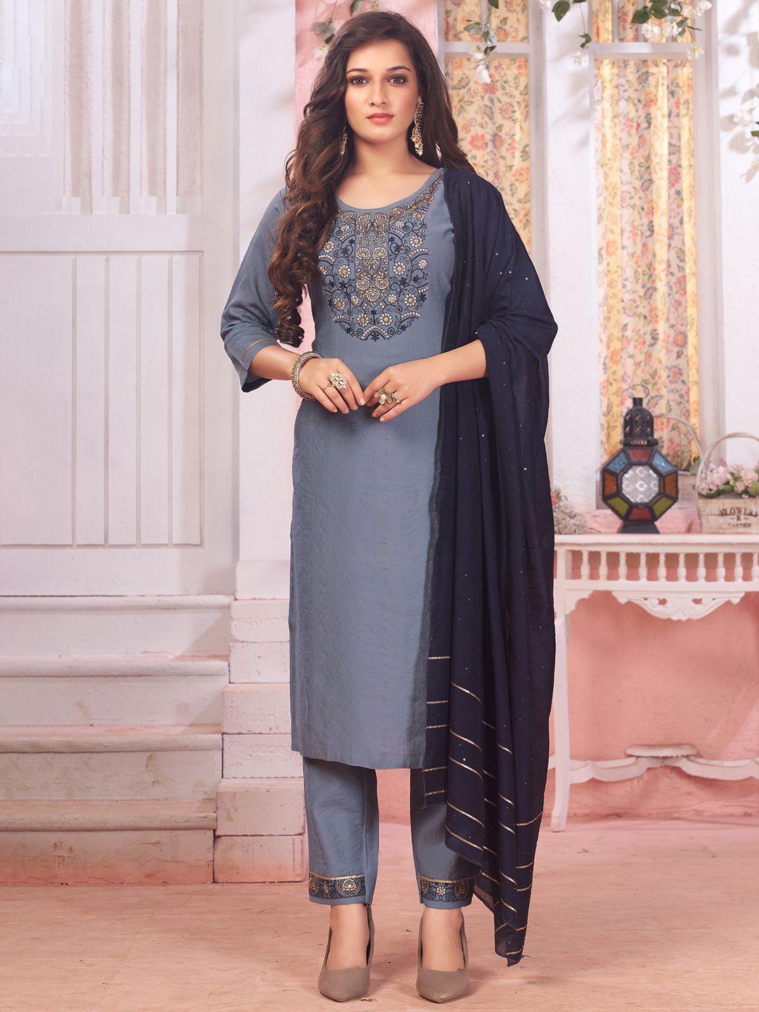 kalini floral yoke design regular thread work kurta with trousers & dupatta