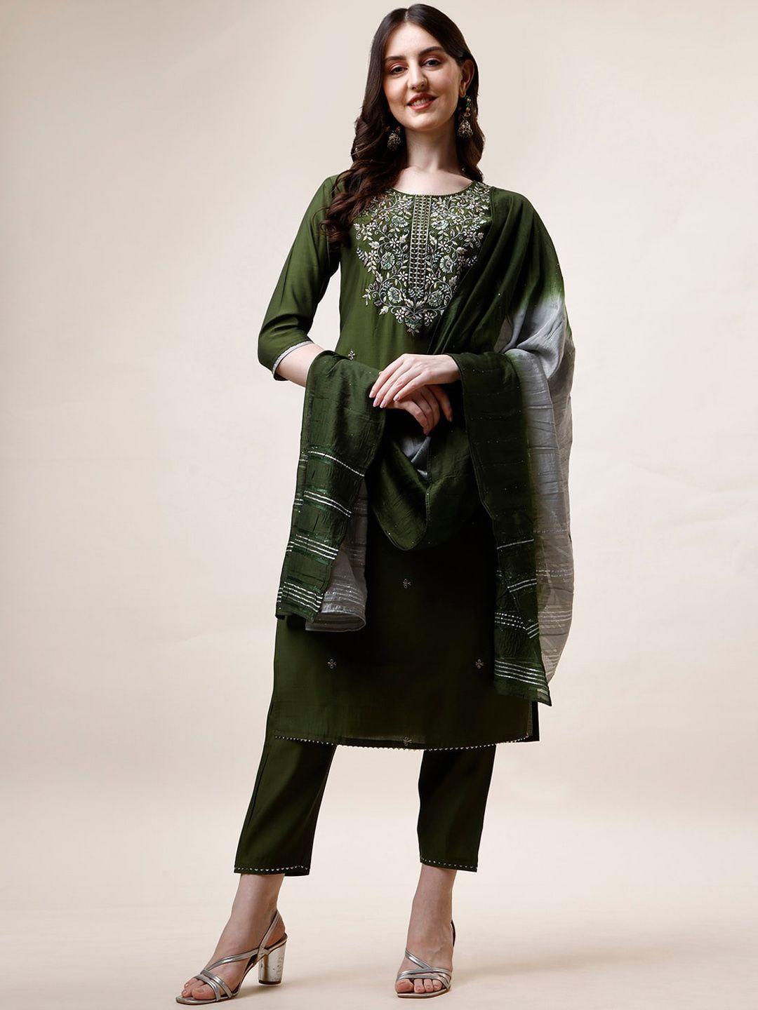 kalini floral yoke design thread work chanderi cotton kurta with trousers & dupatta