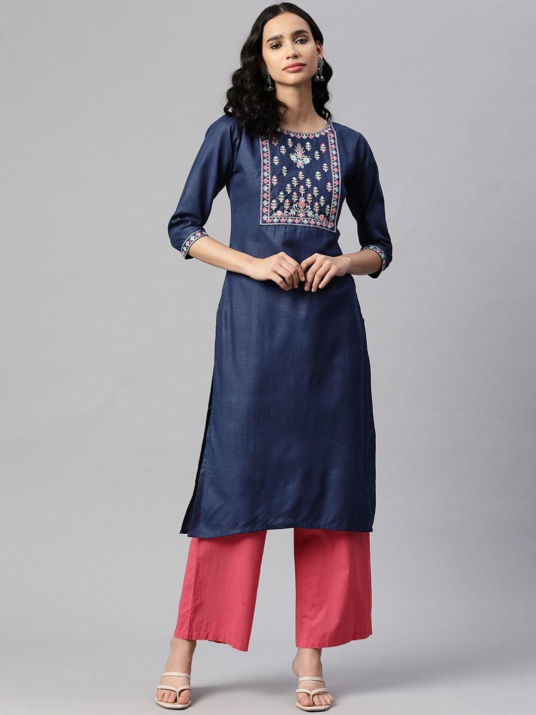 kalini floral yoke design thread work cotton straight kurta