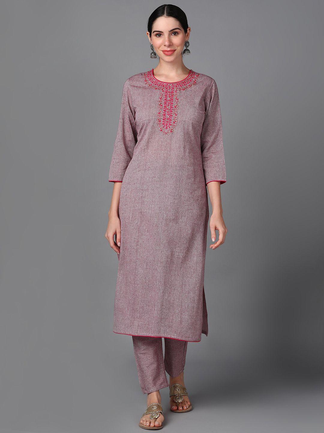 kalini floral yoke design thread work straight kurta with trousers