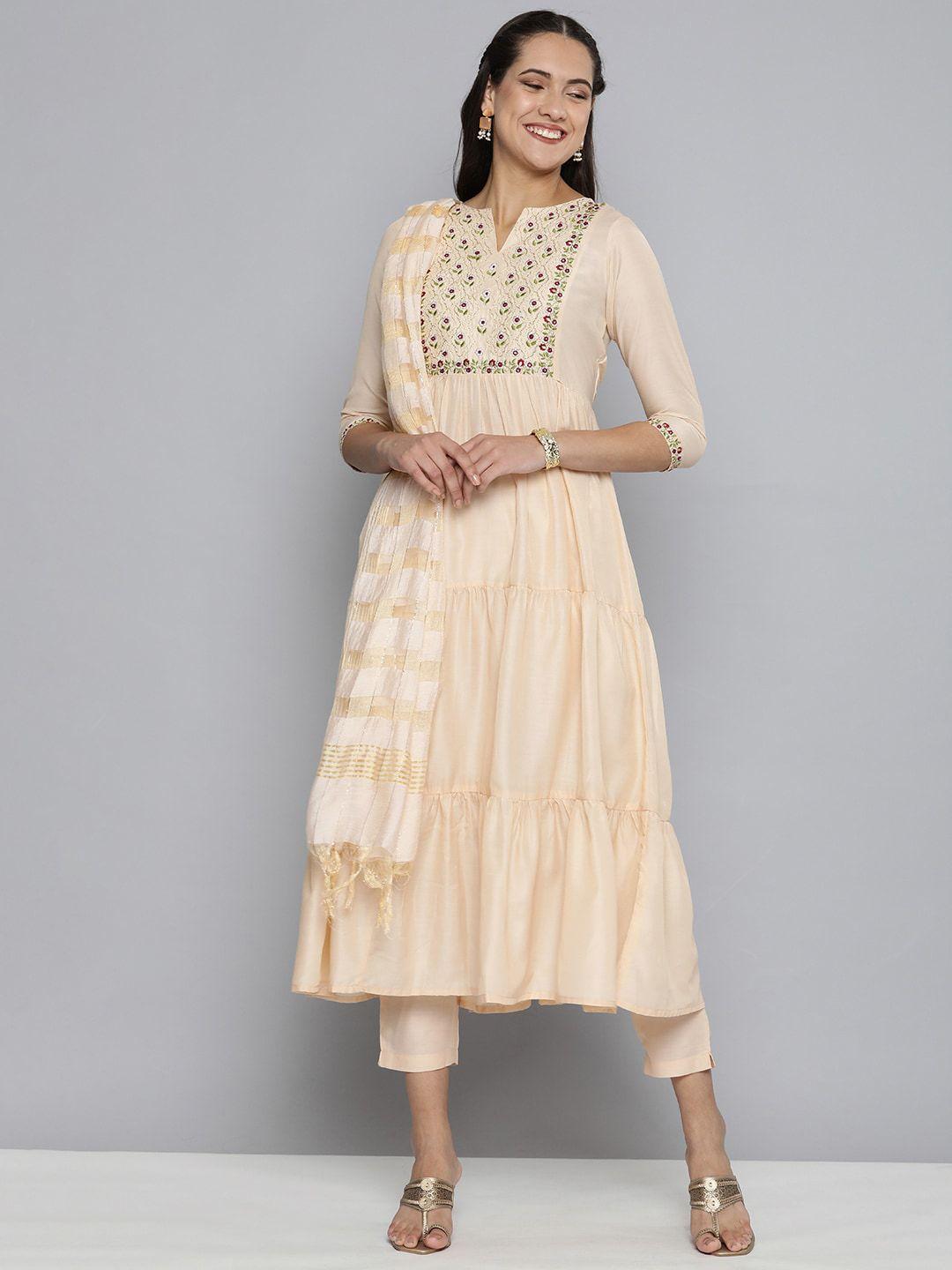 kalini floral yoke design thread work tiered anarkali kurta with trousers & dupatta