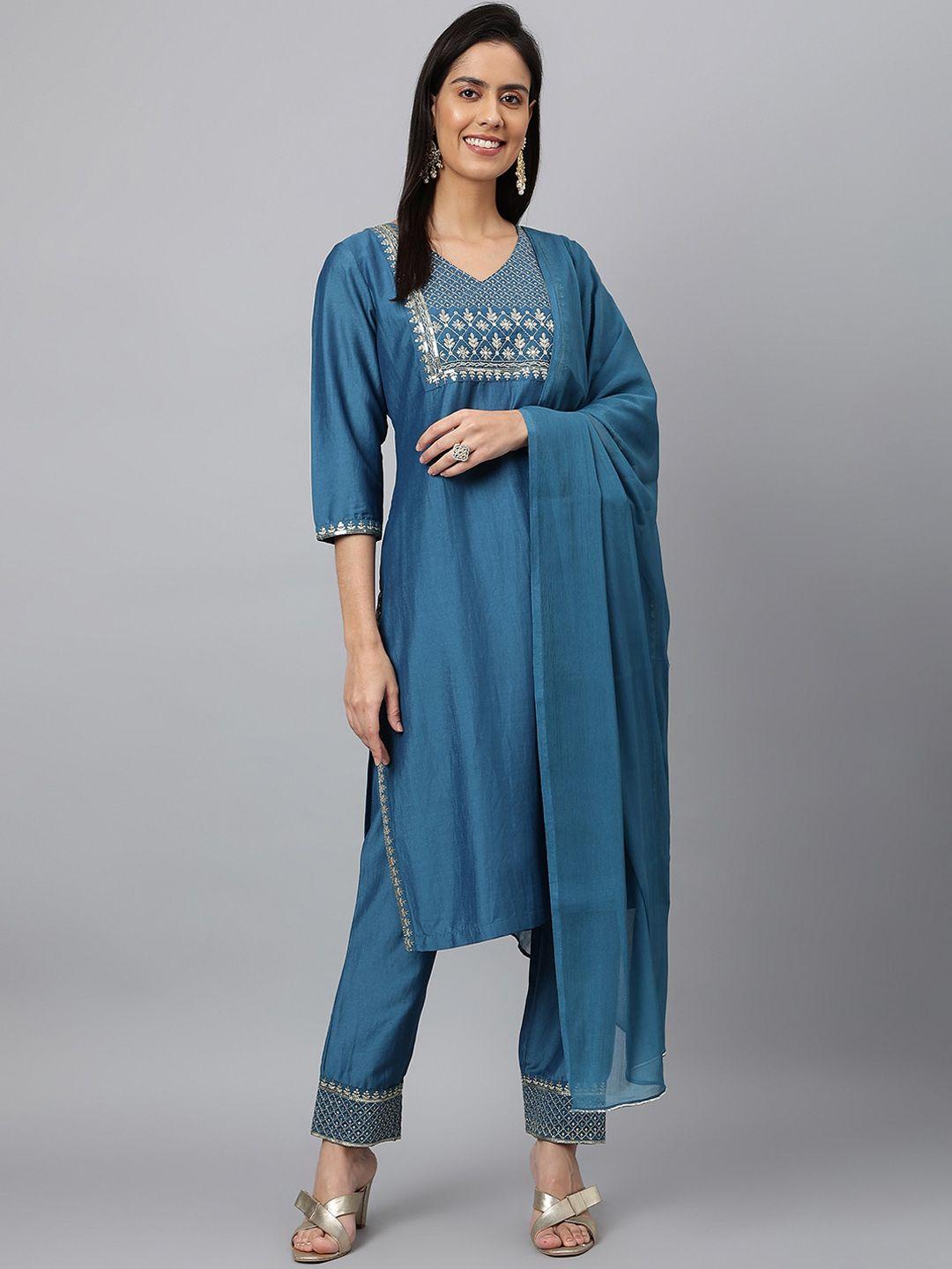 kalini floral yoke design zari kurta with trousers & with dupatta