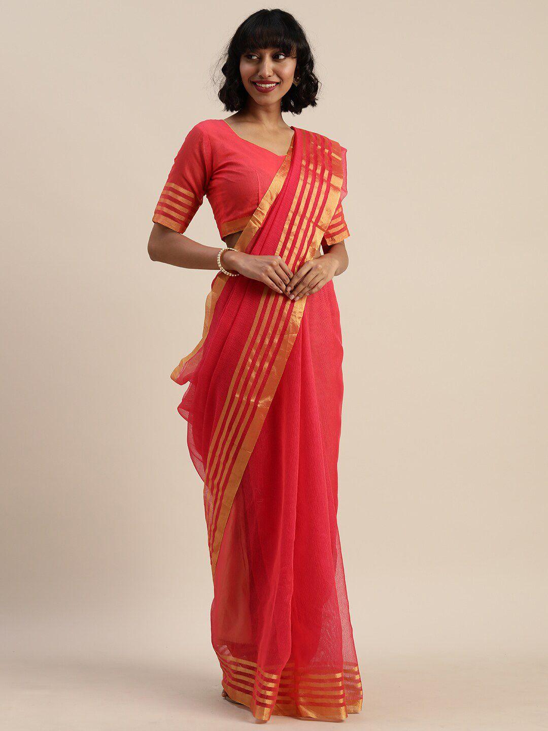 kalini fuchsia & gold-toned solid zari pure cotton saree