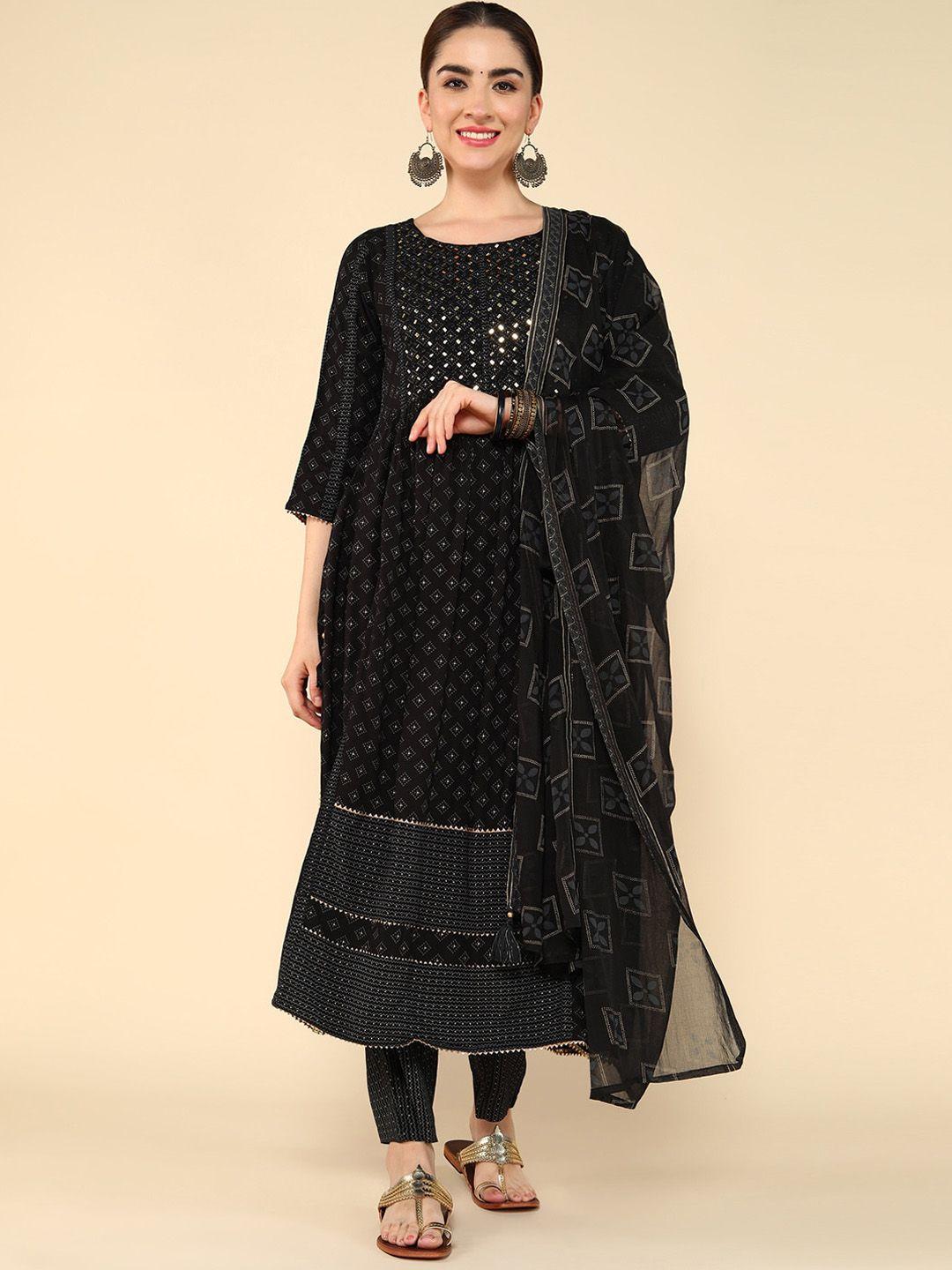 kalini geometric embroidered high slit mirror work anarkali kurta with trousers & dupatta