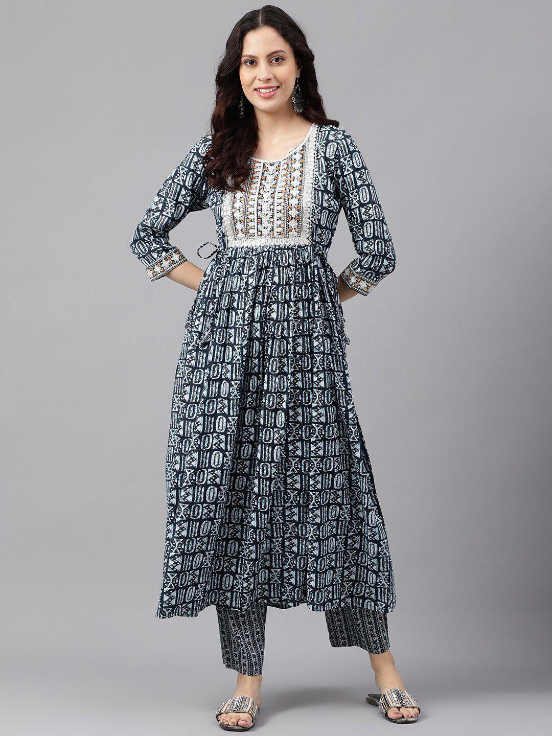 kalini geometric embroidered mirror work anarkali kurta