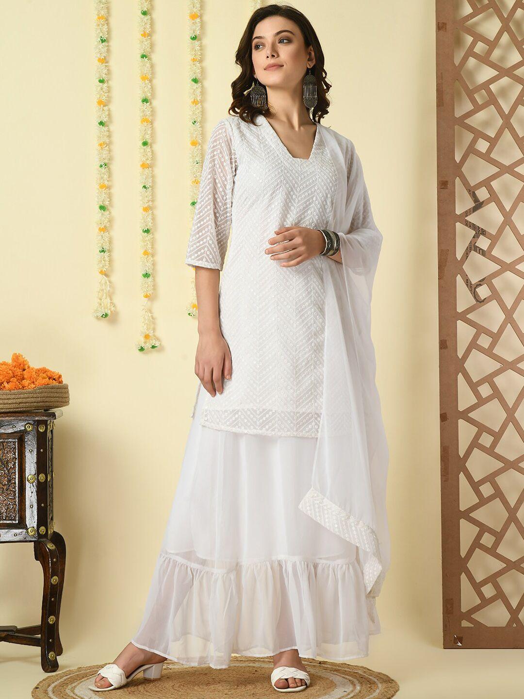 kalini geometric embroidered thread work straight kurta with skirt & dupatta