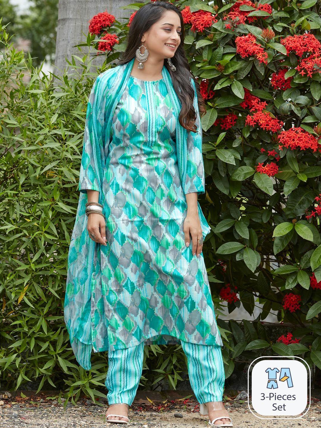 kalini geometric foil printed round neck straight kurta & trousers with dupatta