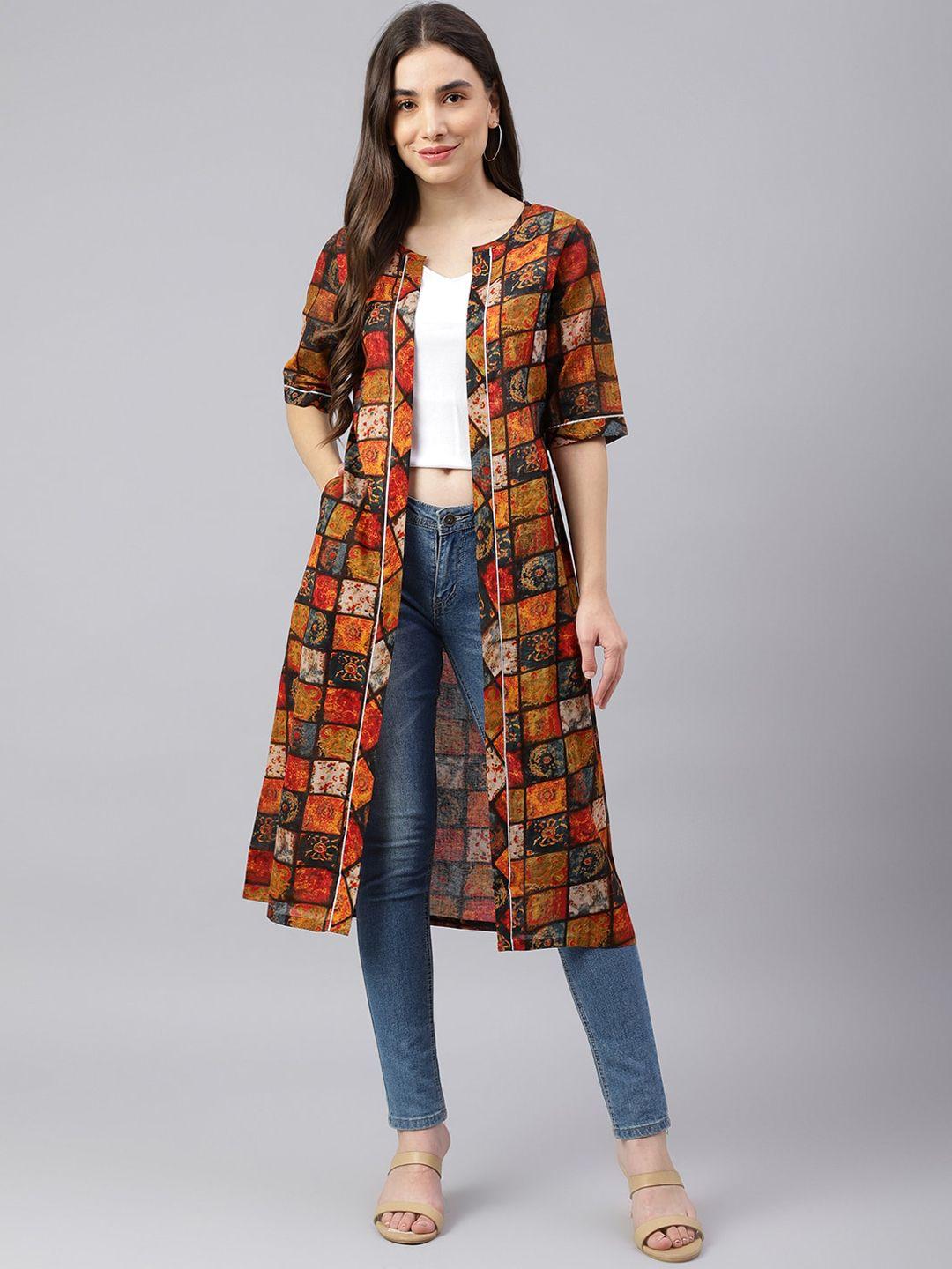 kalini geometric printed cotton longline open front jacket