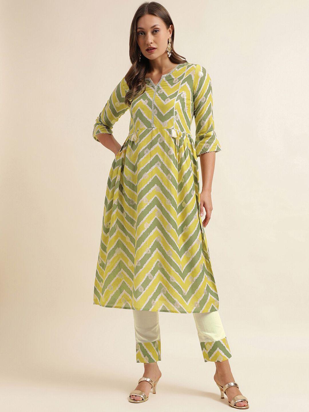 kalini geometric printed foil printed pleated a-line kurta with trousers