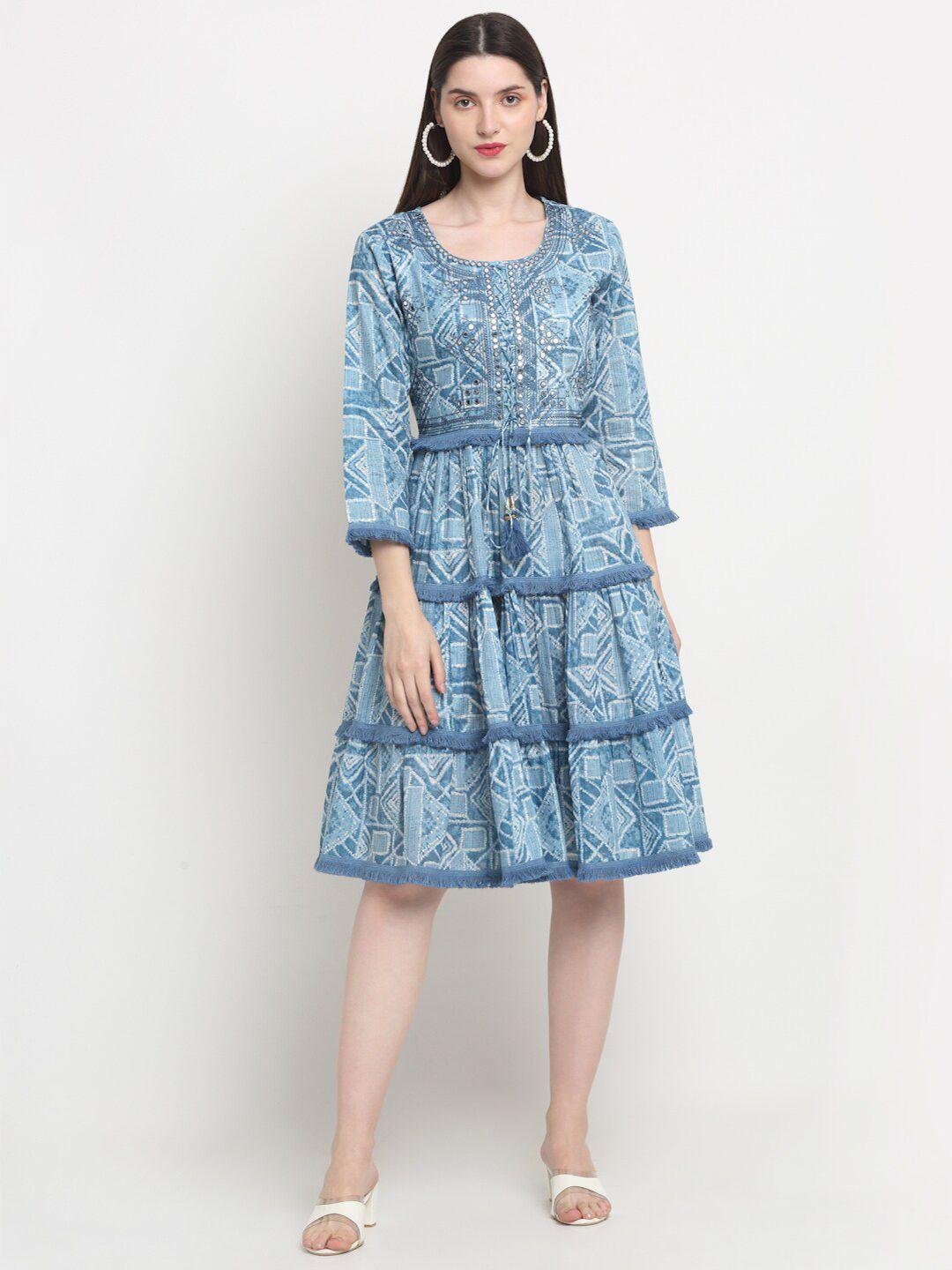 kalini geometric printed fringed cotton fit & flare midi dress