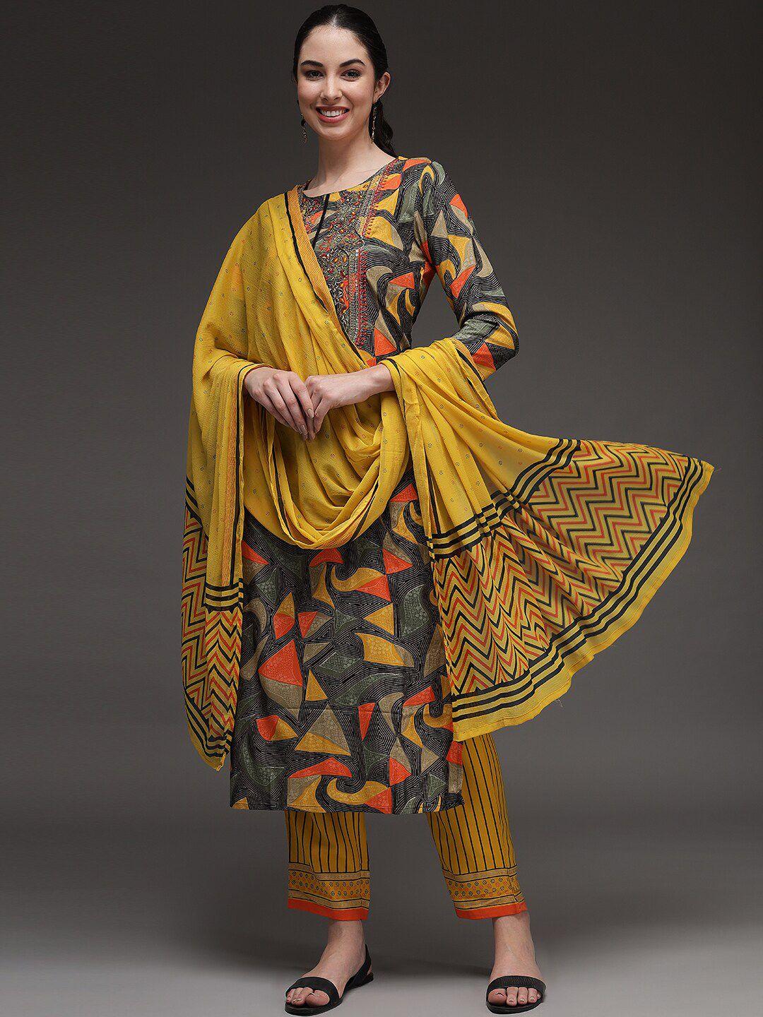 kalini geometric printed kurta with trousers & dupatta