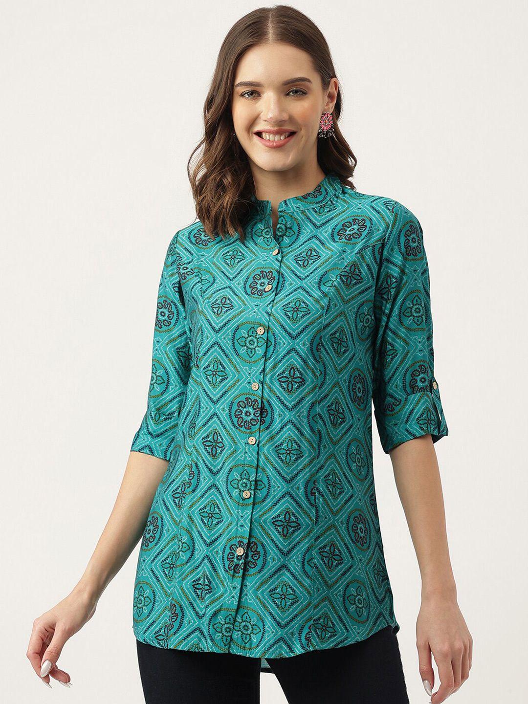 kalini geometric printed mandarin collar roll-up sleeves shirt style top