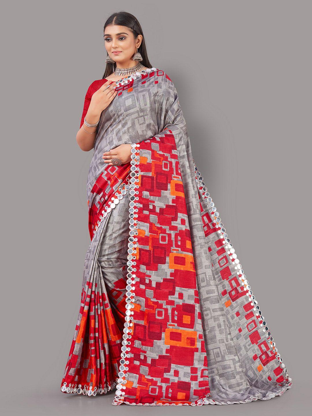 kalini geometric printed mirror work mysore silk saree