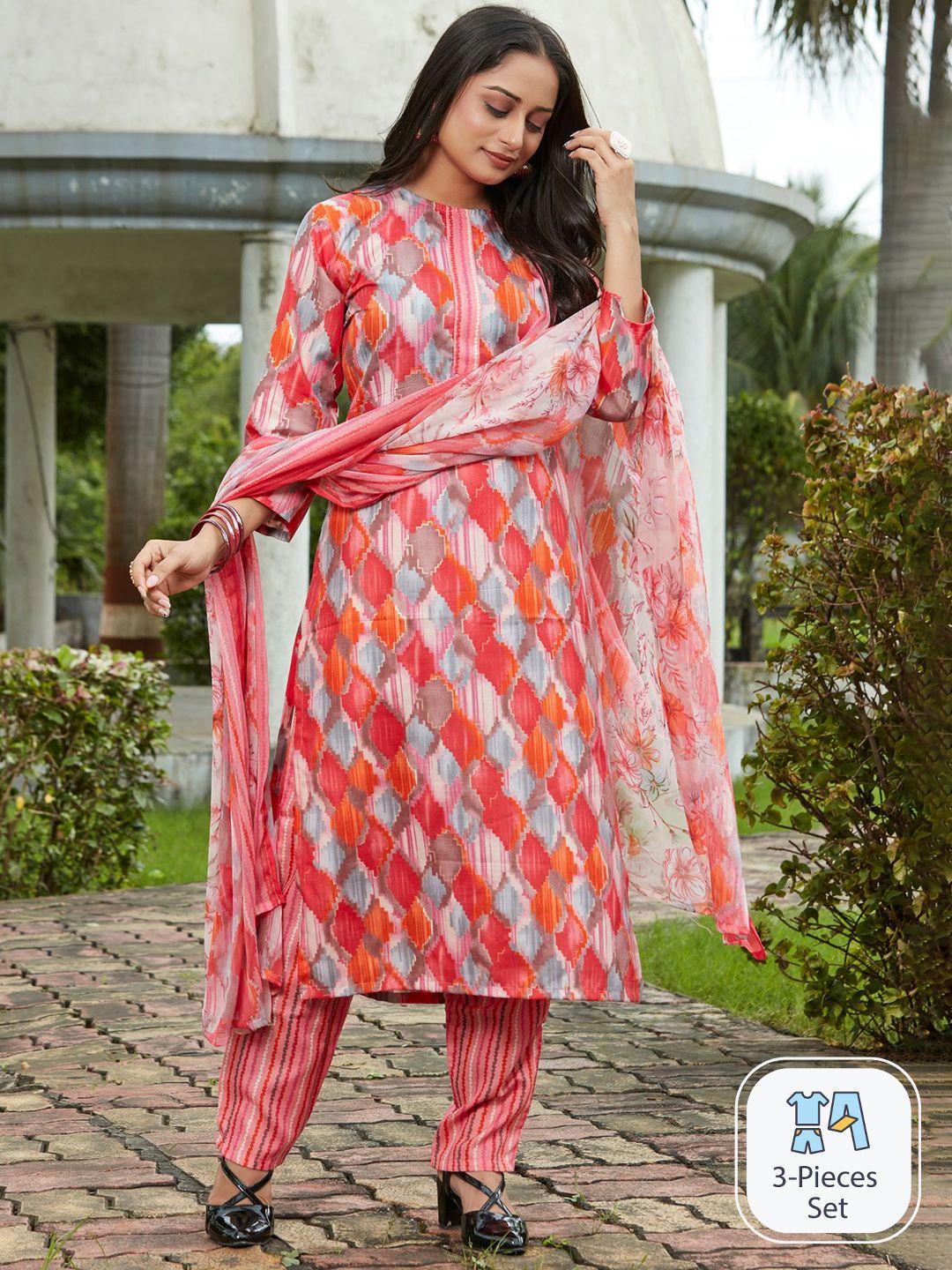 kalini geometric printed regular kurta with trousers & dupatta