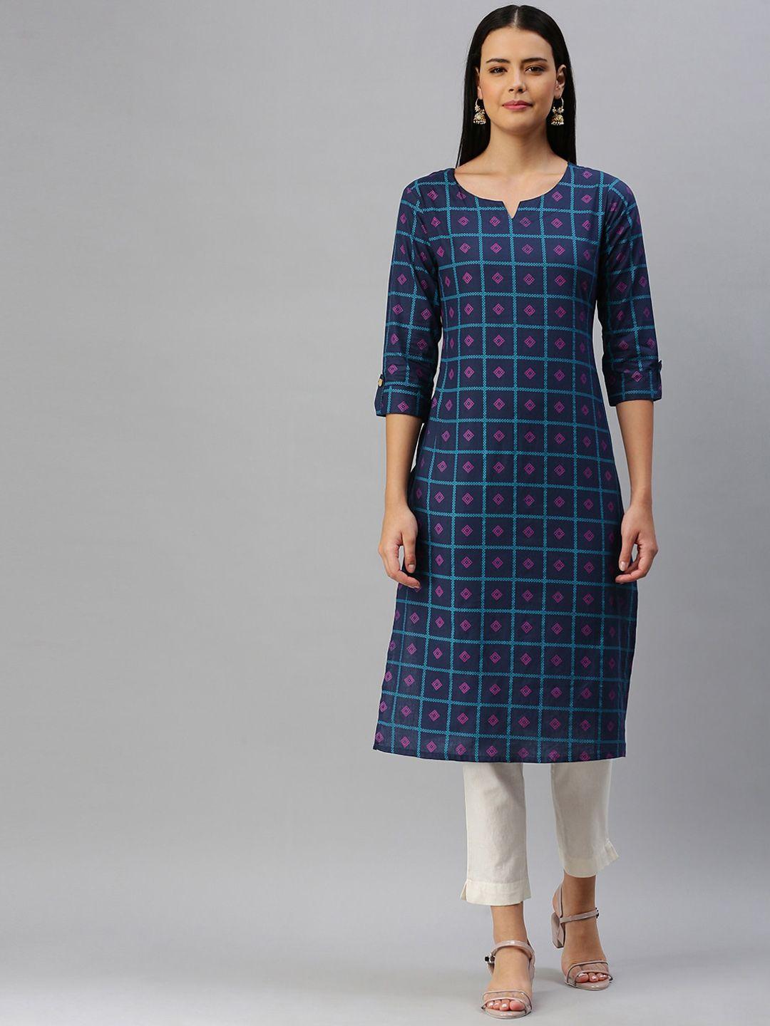 kalini geometric printed roll up sleeves indigo cotton straight kurta