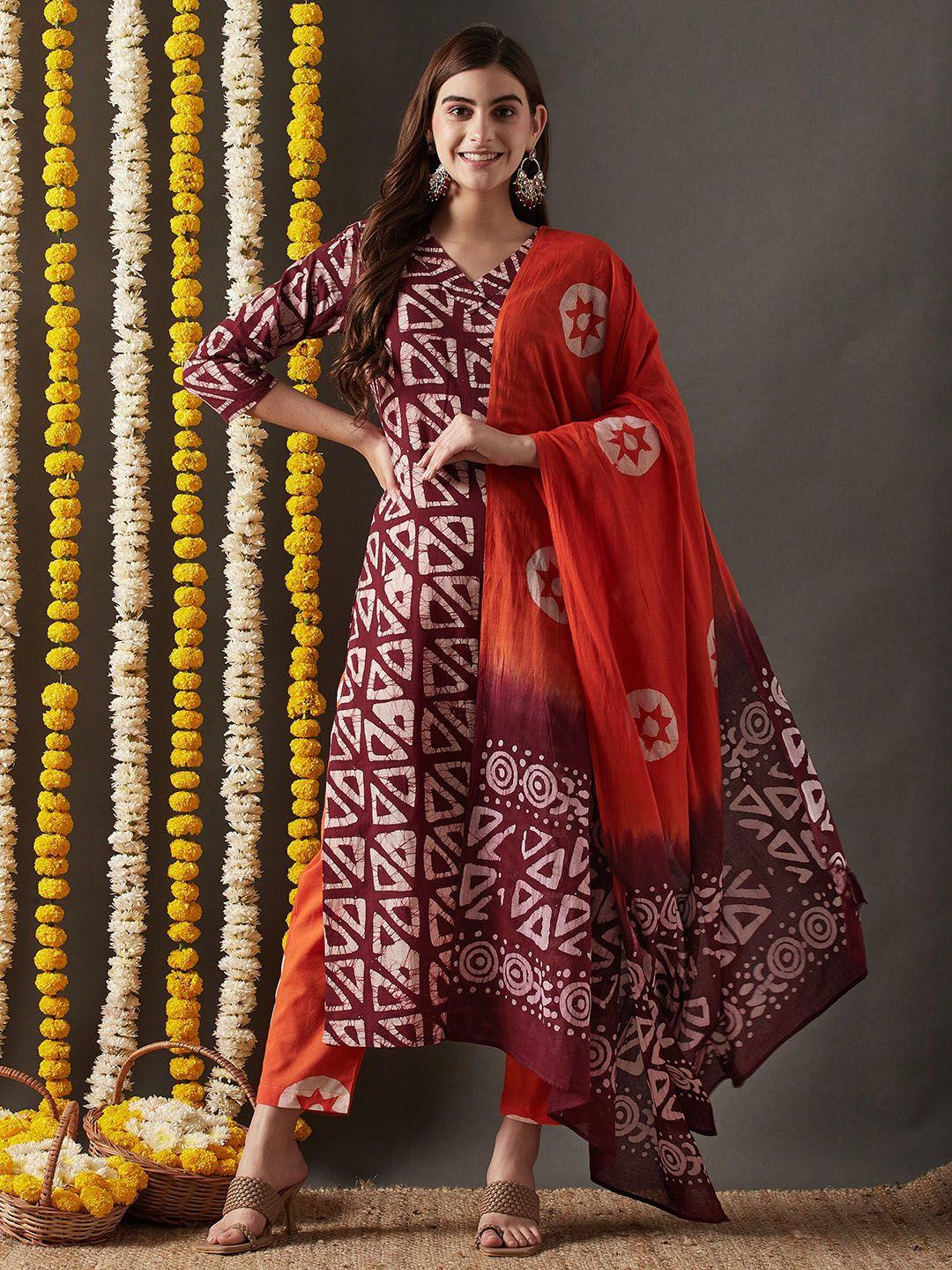 kalini geometric printed straight kurta with trousers & dupatta