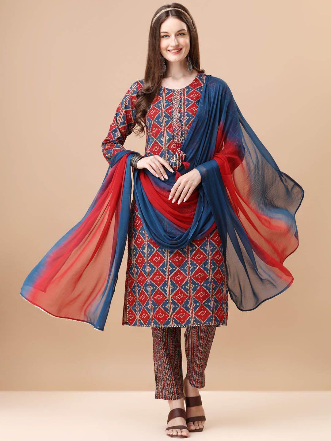 kalini geometric printed straight mirror work pure cotton kurta with trousers & dupatta