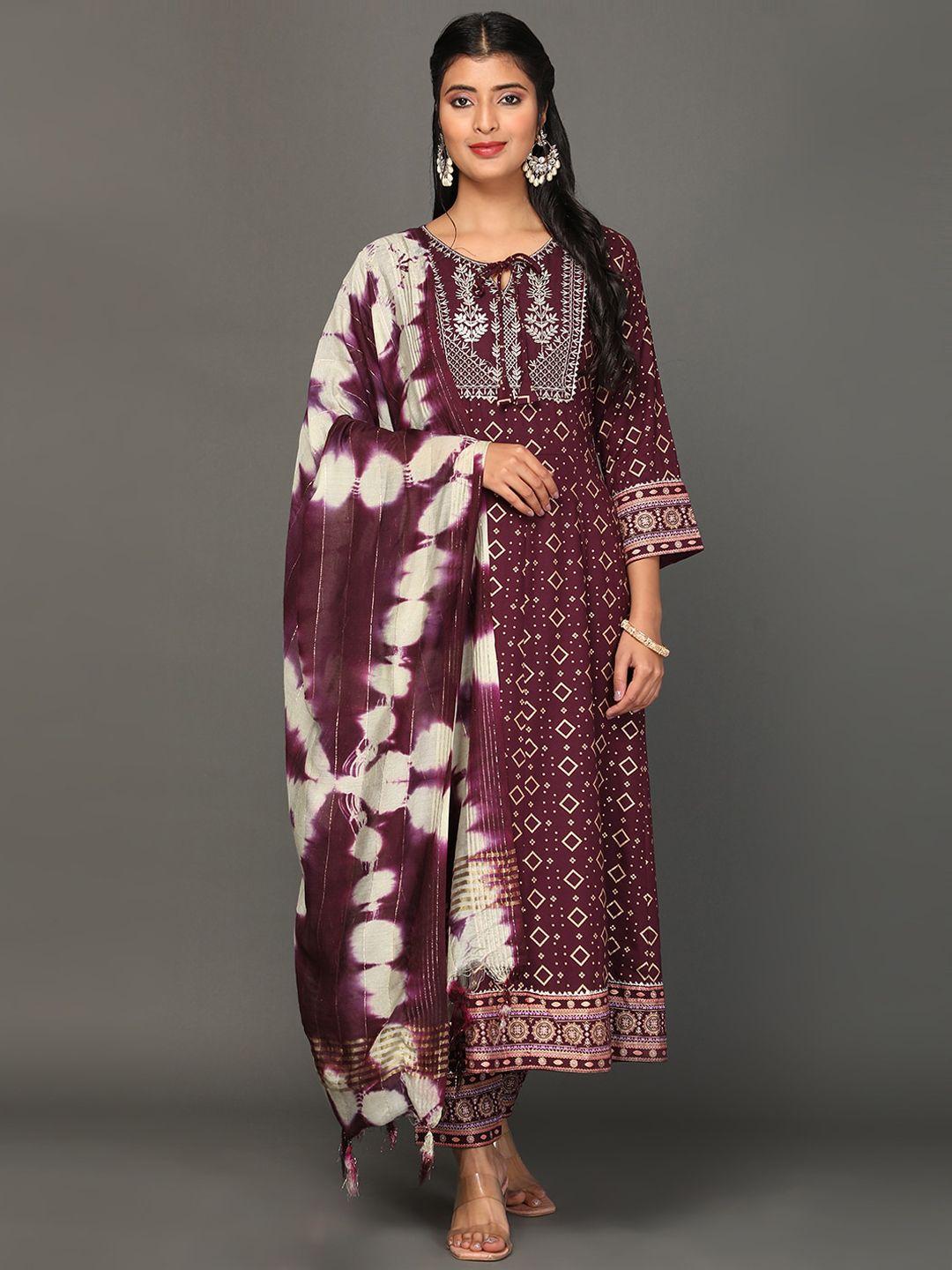 kalini geometric printed thread work kurta with trousers & dupatta