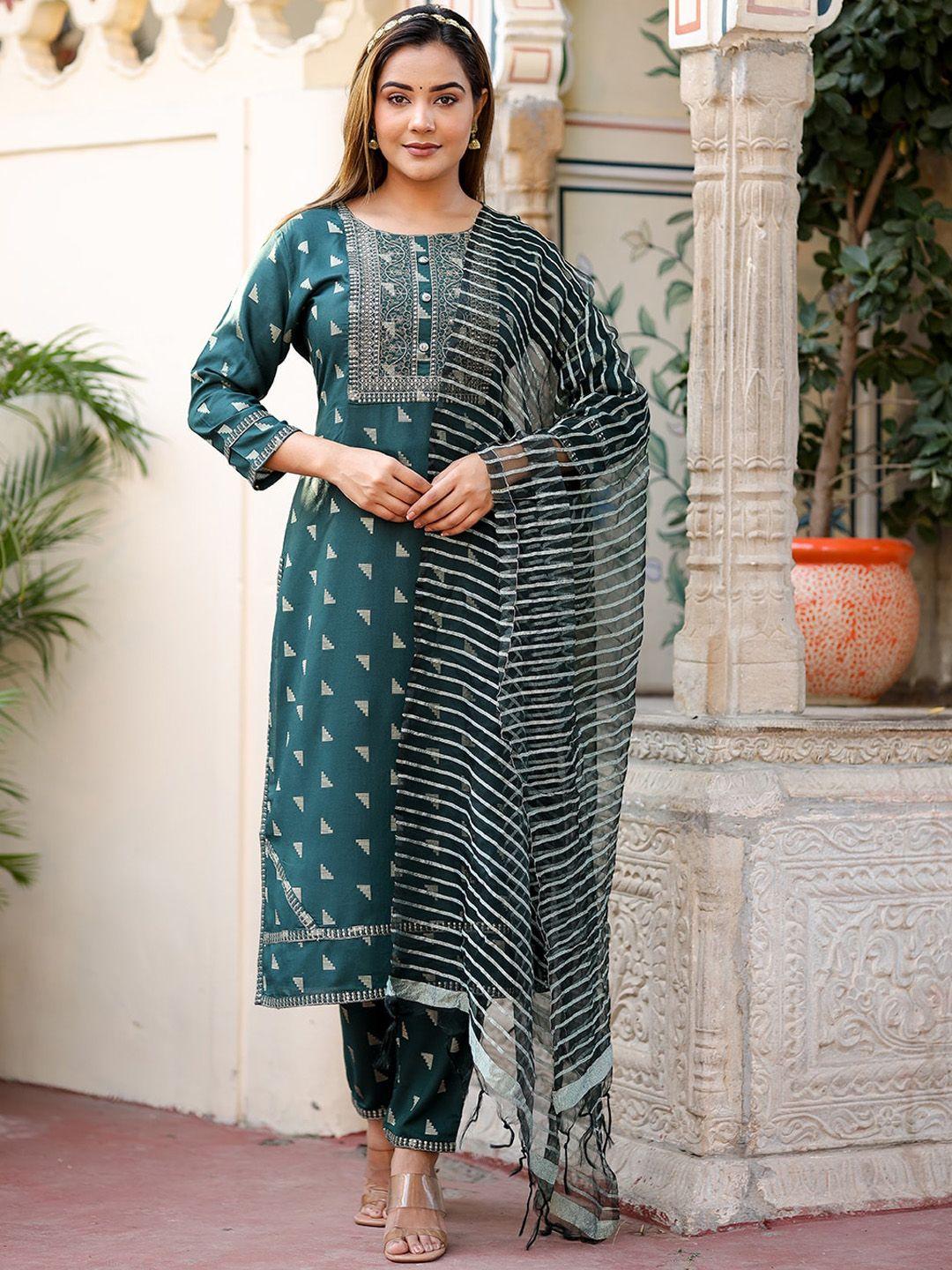 kalini geometric printed thread work straight kurta with trousers & dupatta