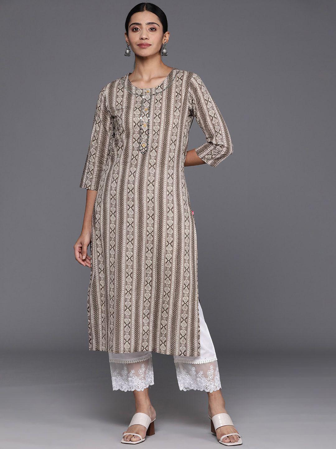 kalini geometric striped round neck three-quarter sleeves sequinned cotton kurta