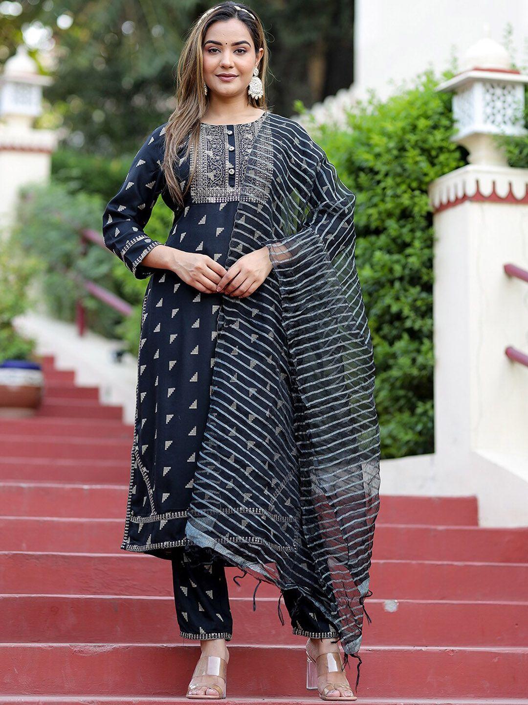 kalini geometric woven design thread work detail straight kurta & trousers with dupatta