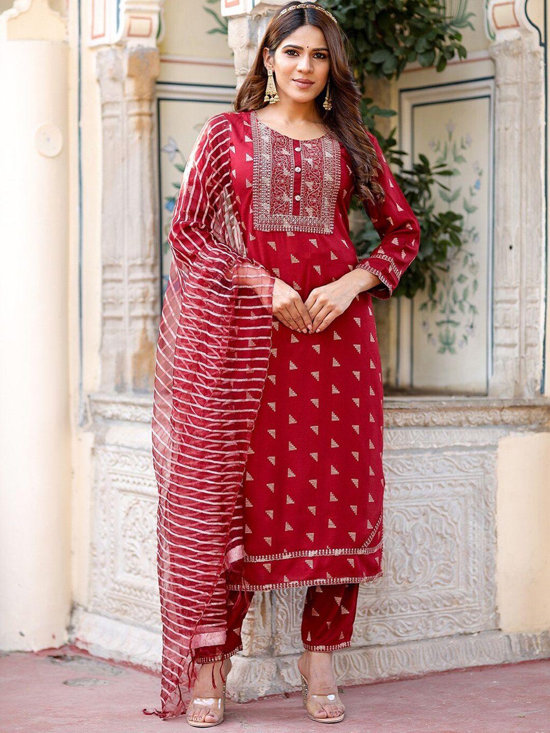 kalini geometric woven design thread work detail straight kurta & trousers with dupatta