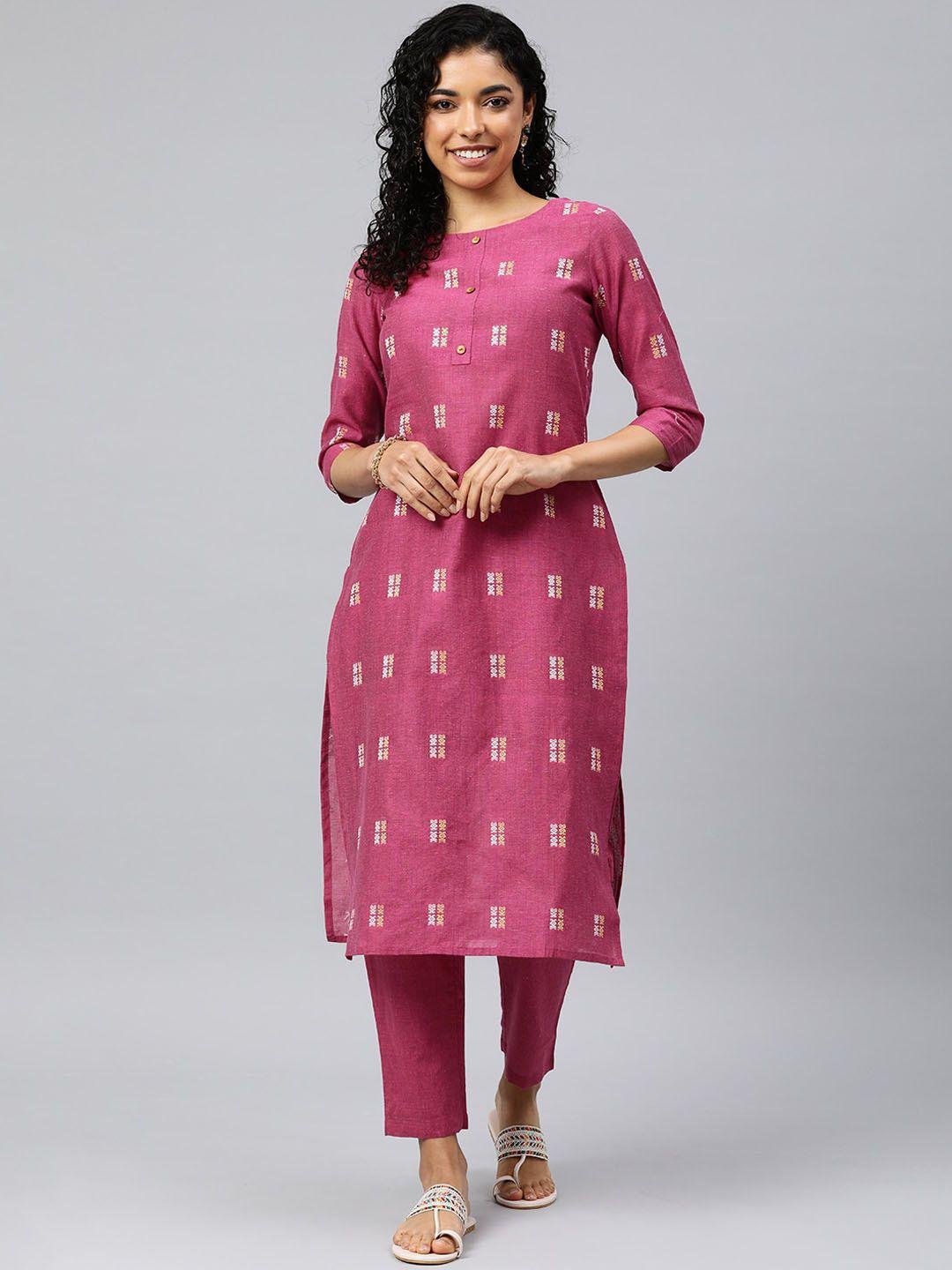 kalini geometric woven design thread work round neck straight kurta with trouser