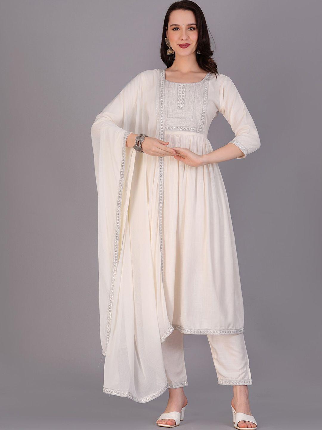 kalini geometric yoke design a-line thread work kurta with trousers & dupatta