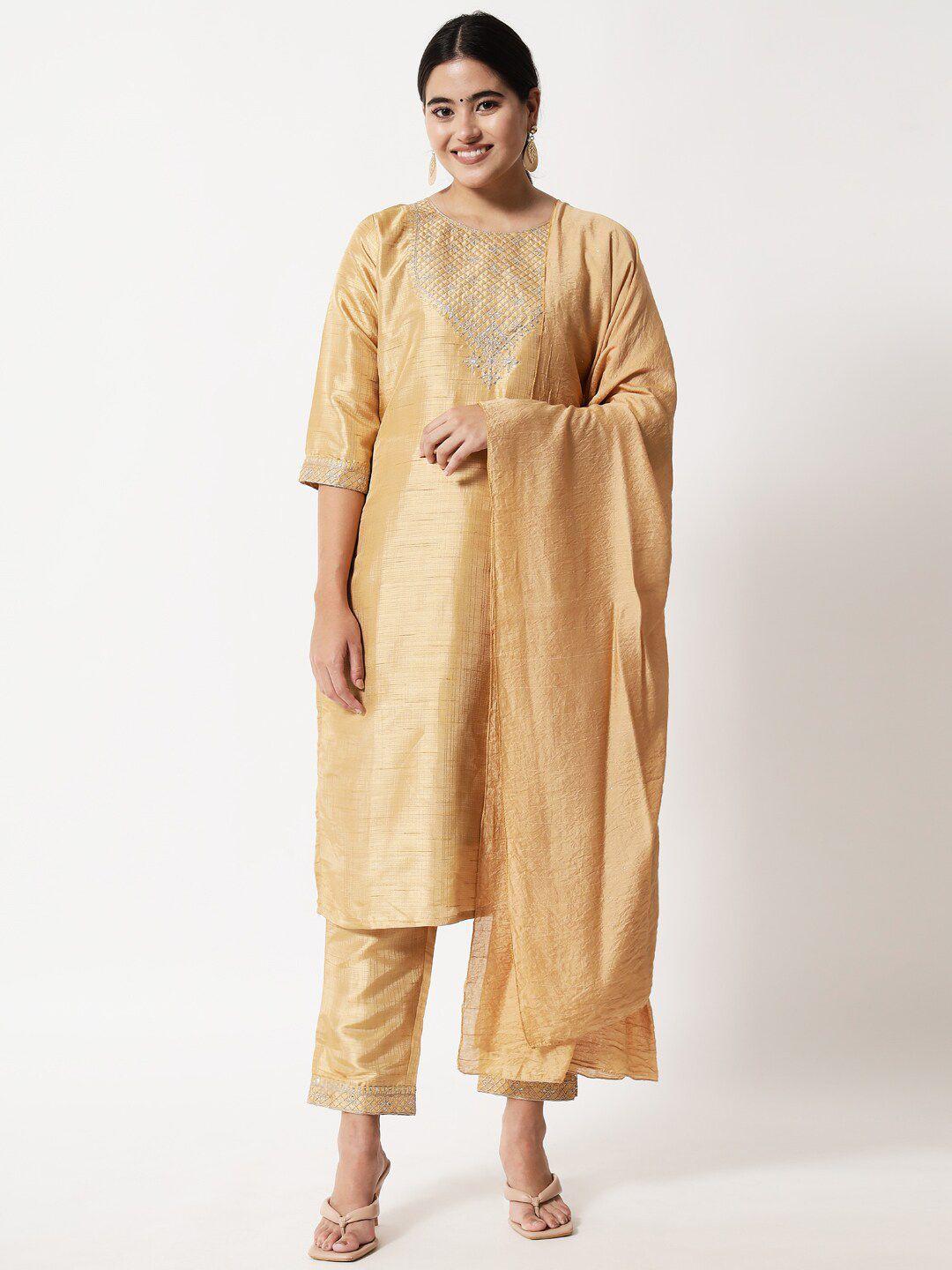 kalini geometric yoke design sequinned regular kurta with trousers & with dupatta
