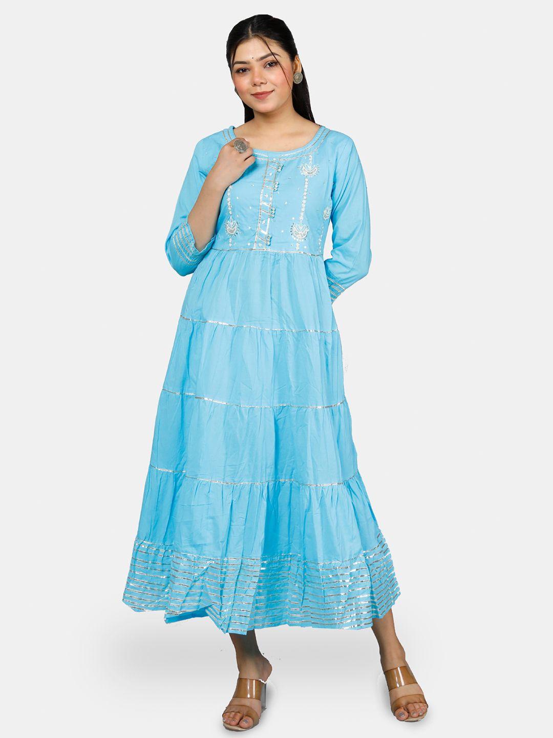 kalini gotta patti embroidered regular sleeves cotton fit & flare midi ethnic dress