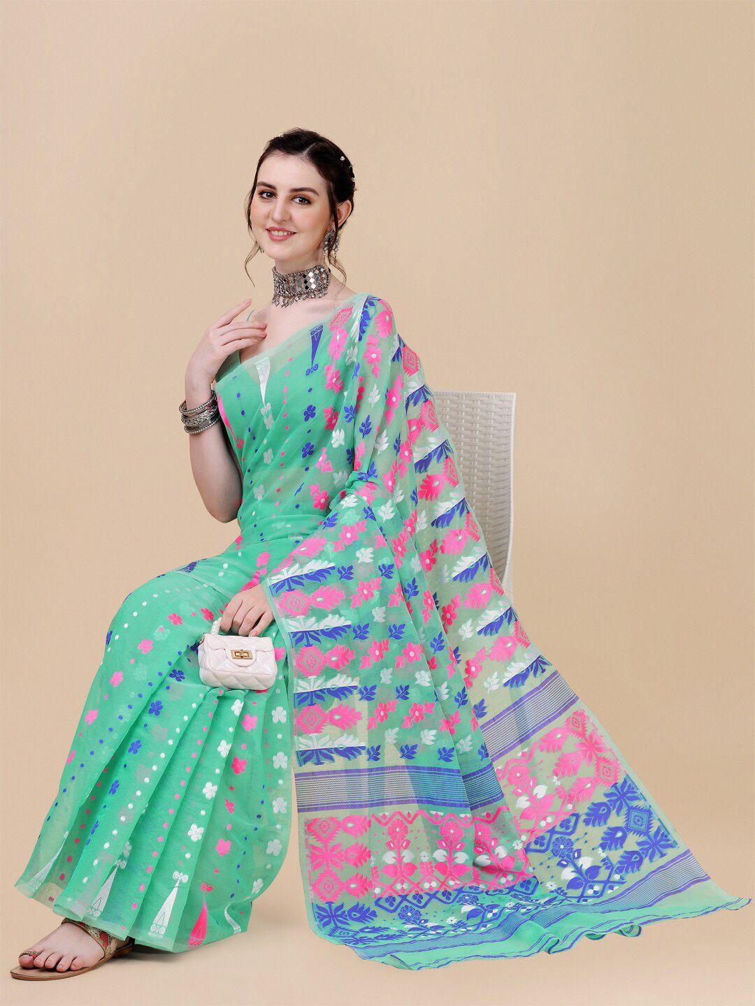 kalini green & blue floral silk cotton jamdani saree