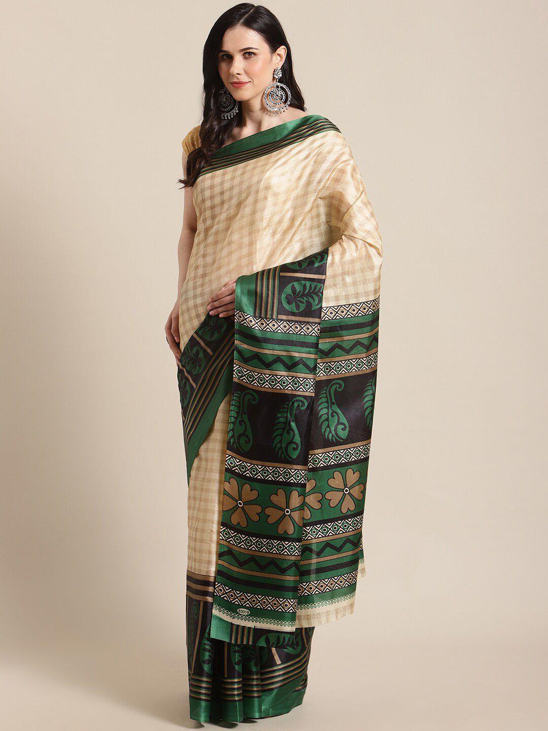 kalini green & cream-coloured checked poly silk saree
