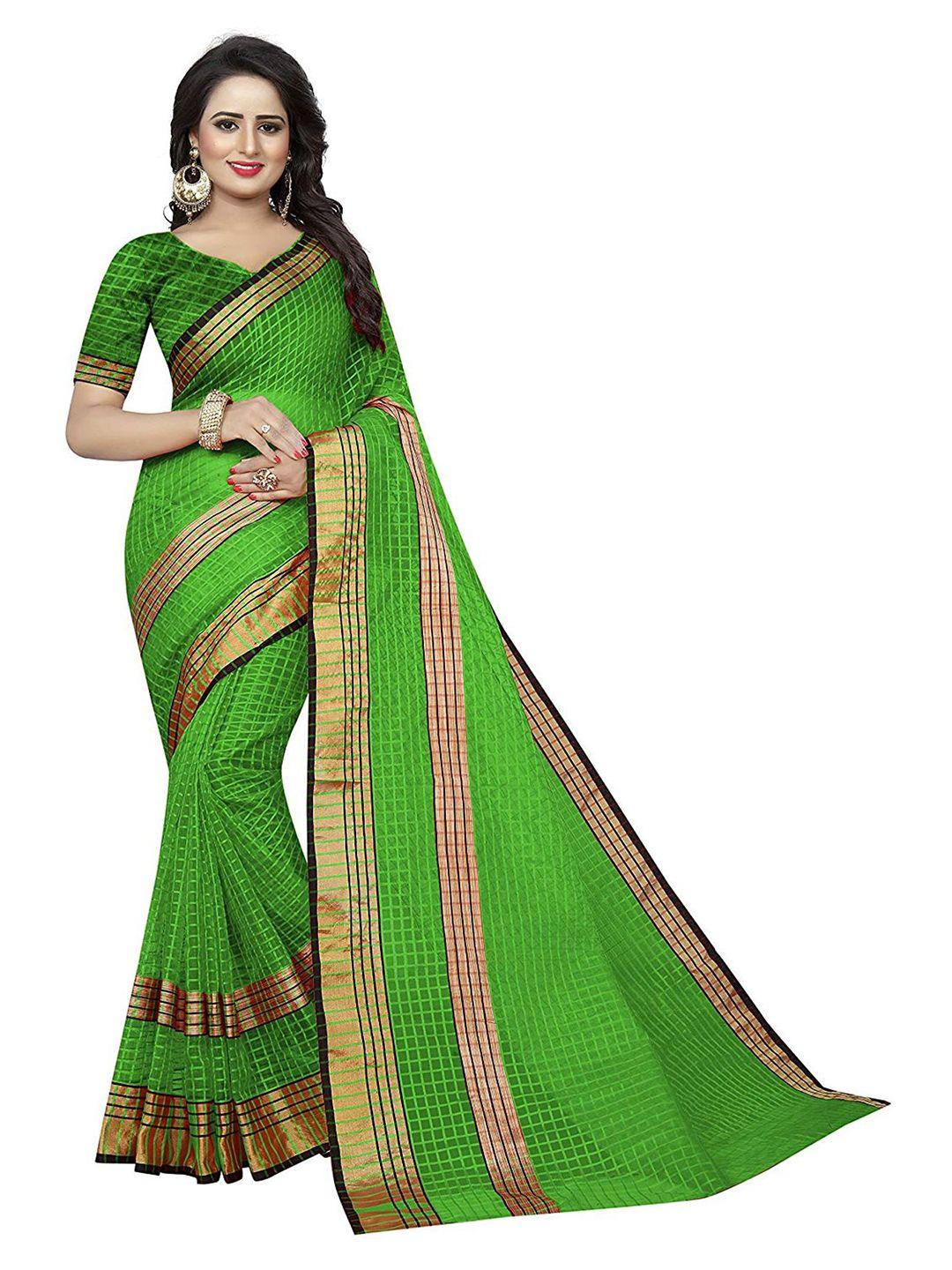 kalini green & gold-toned checked cotton silk zari saree