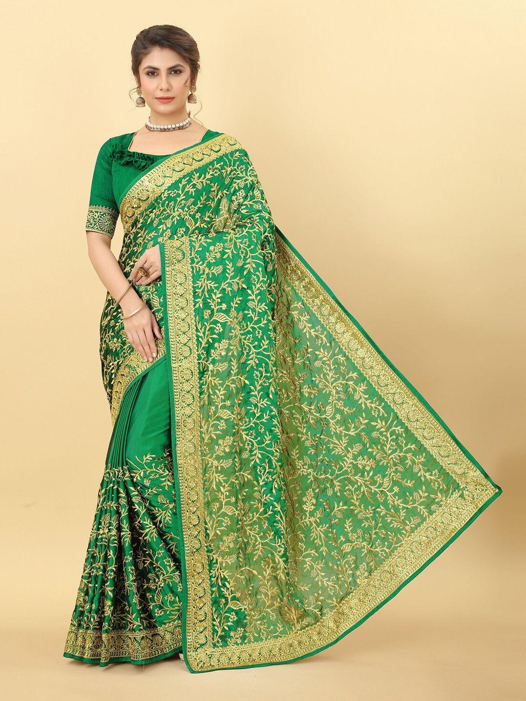 kalini green & gold-toned ethnic motifs embroidered art silk saree