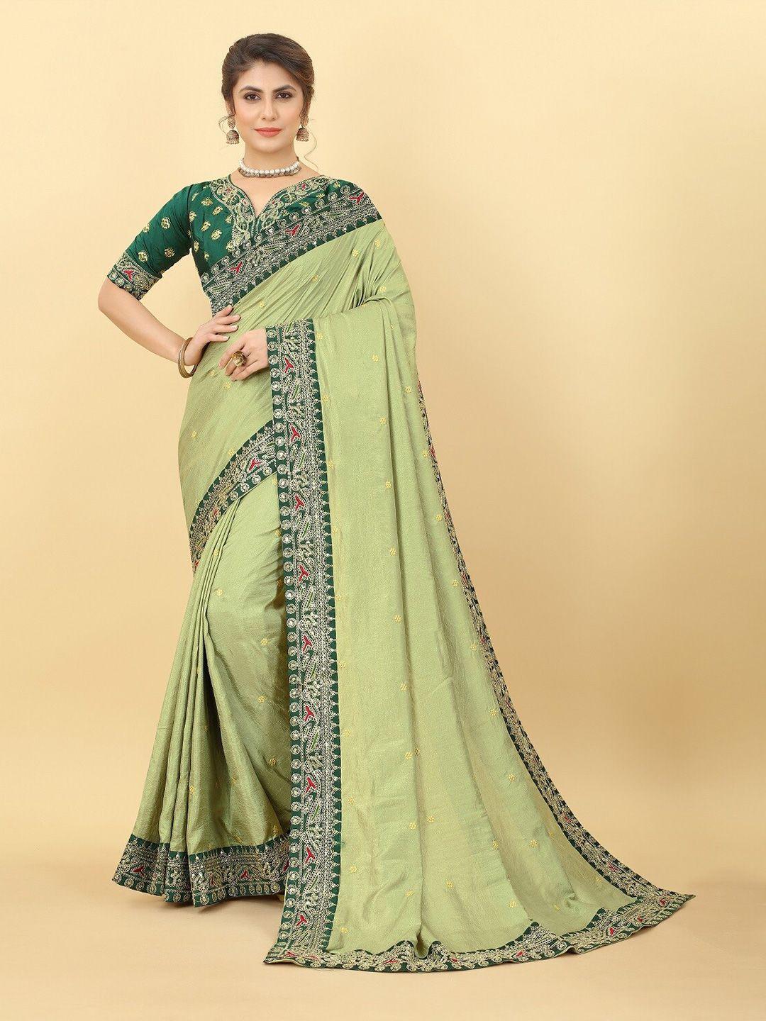 kalini green & gold-toned ethnic motifs embroidered satin saree