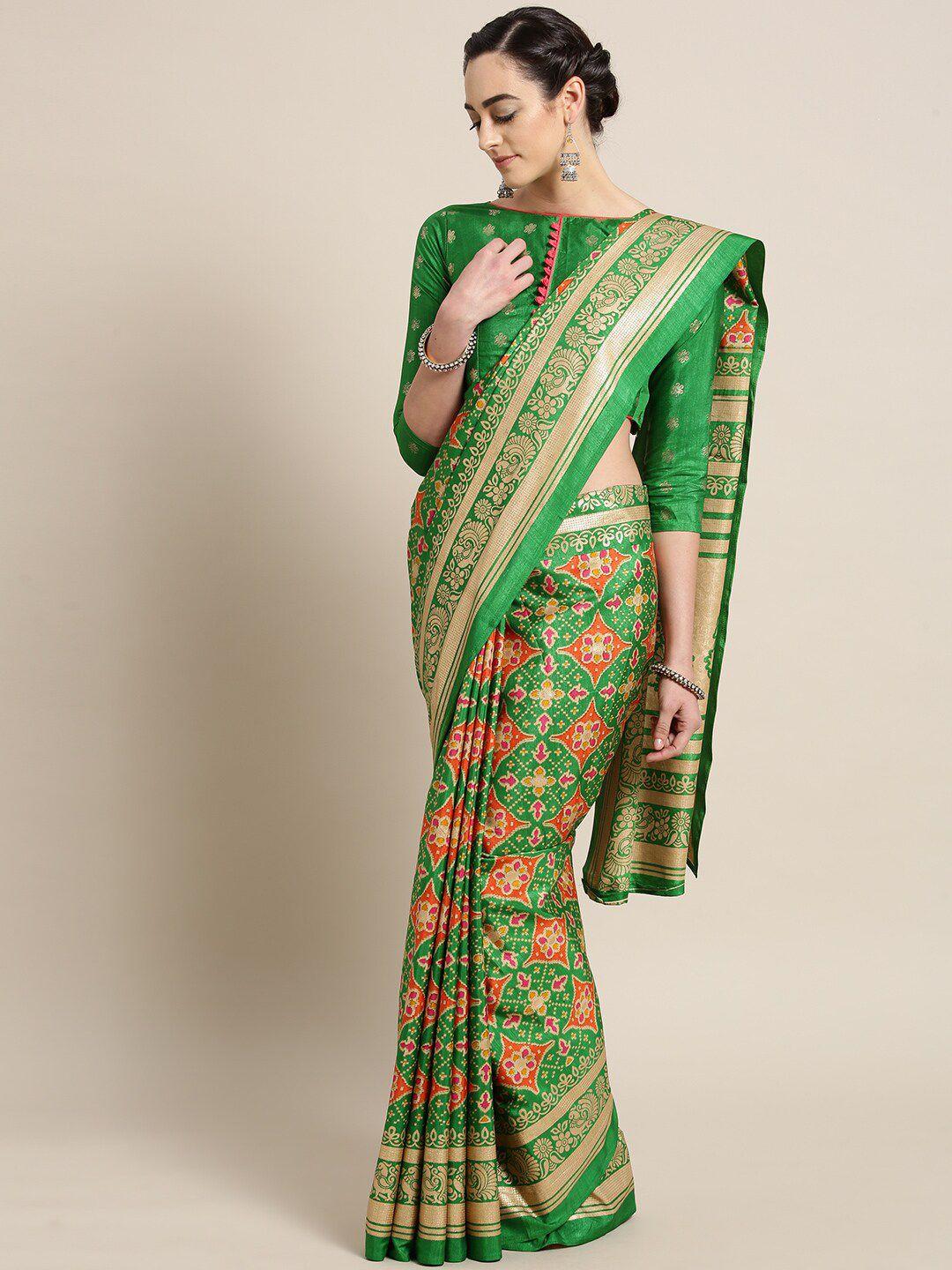 kalini green & golden ethnic motifs silk blend saree