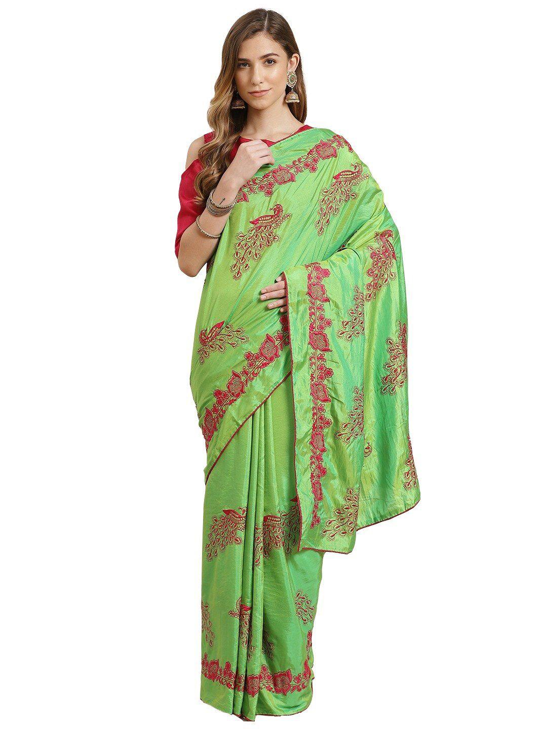 kalini green & magenta ethnic motifs embroidered silk blend  maheshwari saree