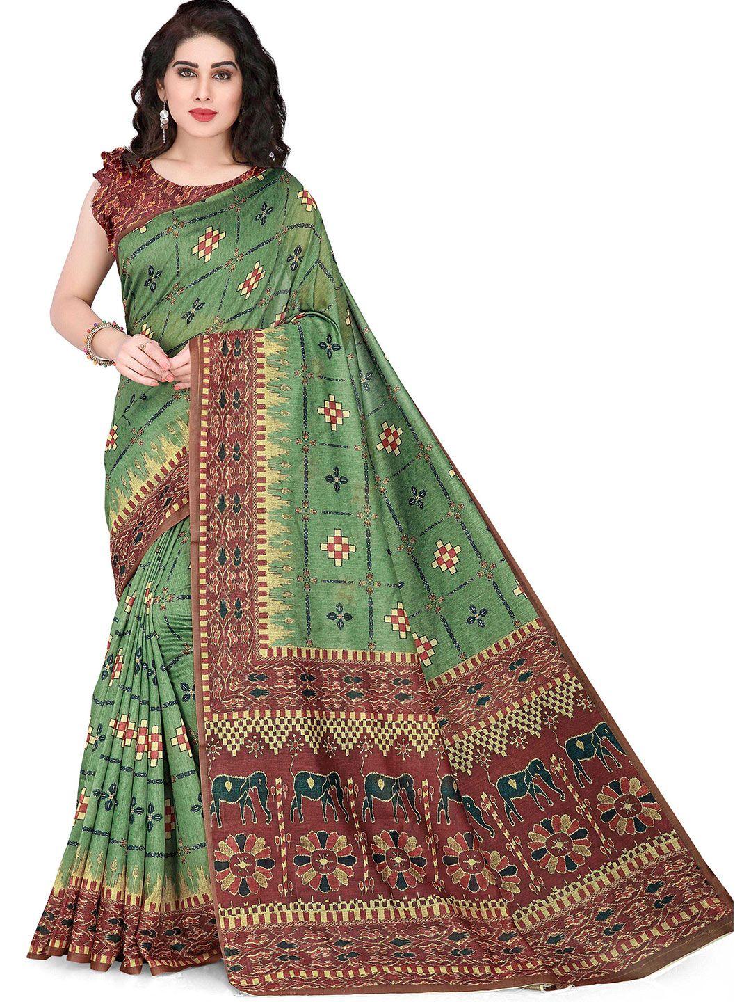 kalini green & maroon printed chanderi cotton saree