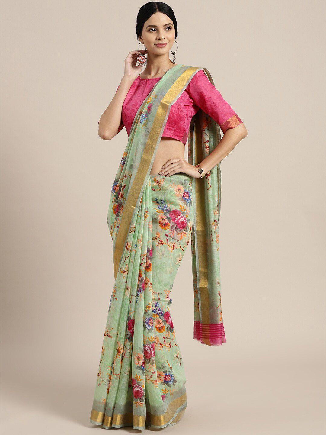 kalini green & pink floral zari linen blend saree