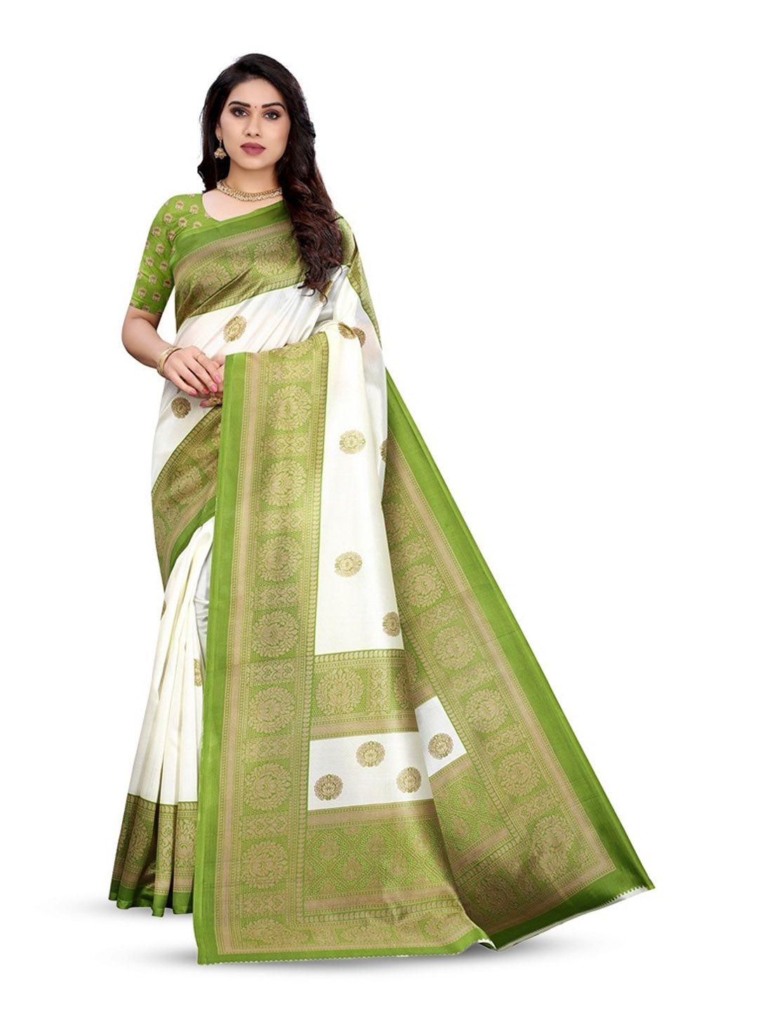 kalini green & white ethnic motifs printed art silk saree