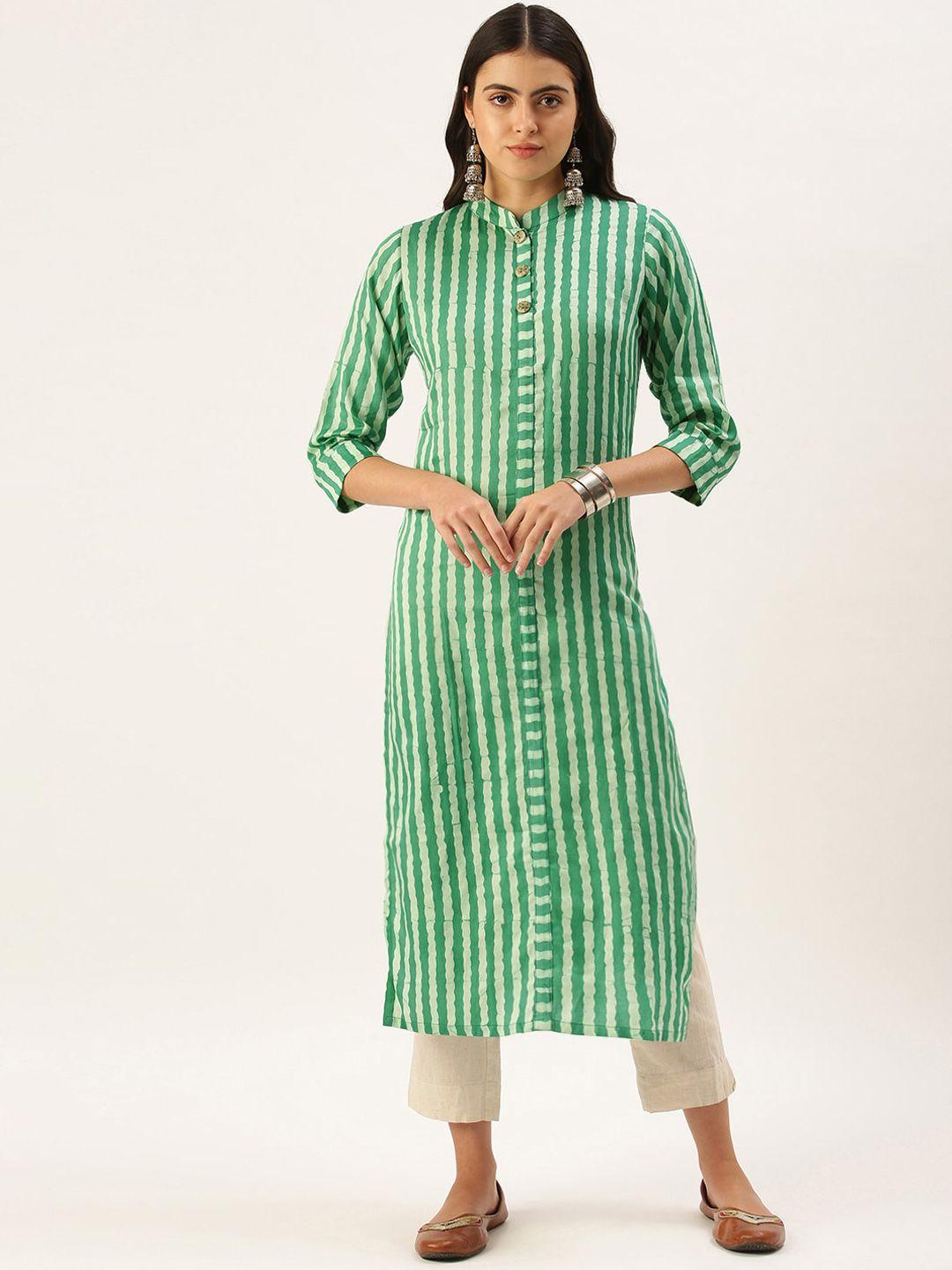kalini green & white striped mandarin collar cotton kurta