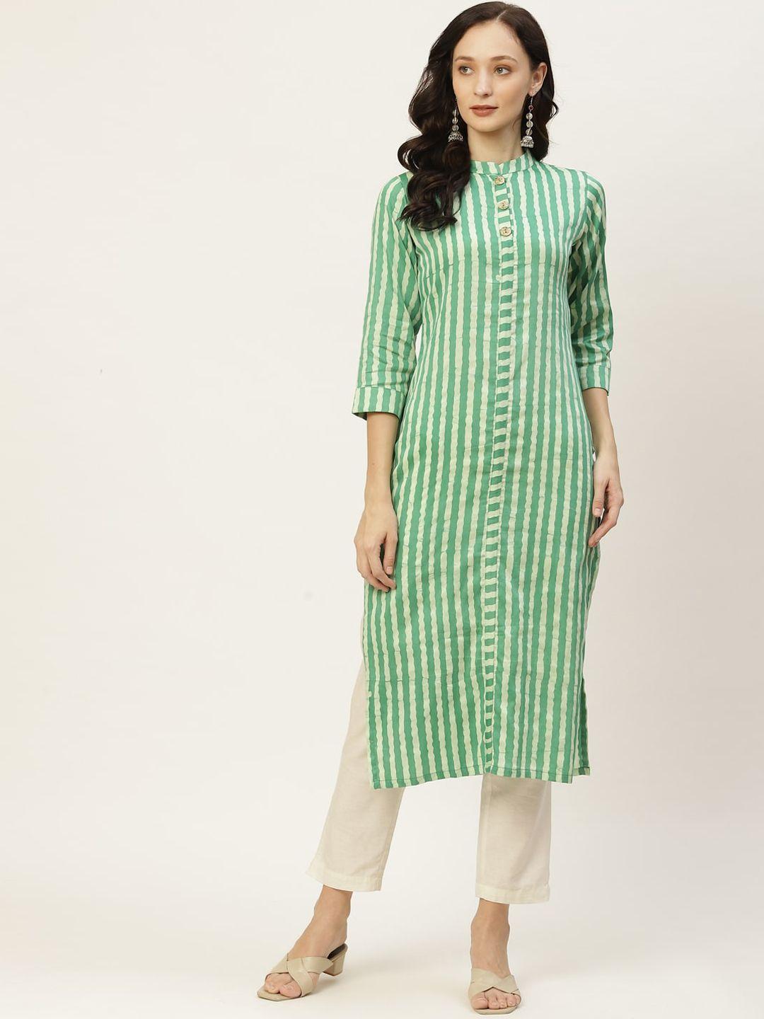 kalini green & white striped mandarin collar cotton kurta